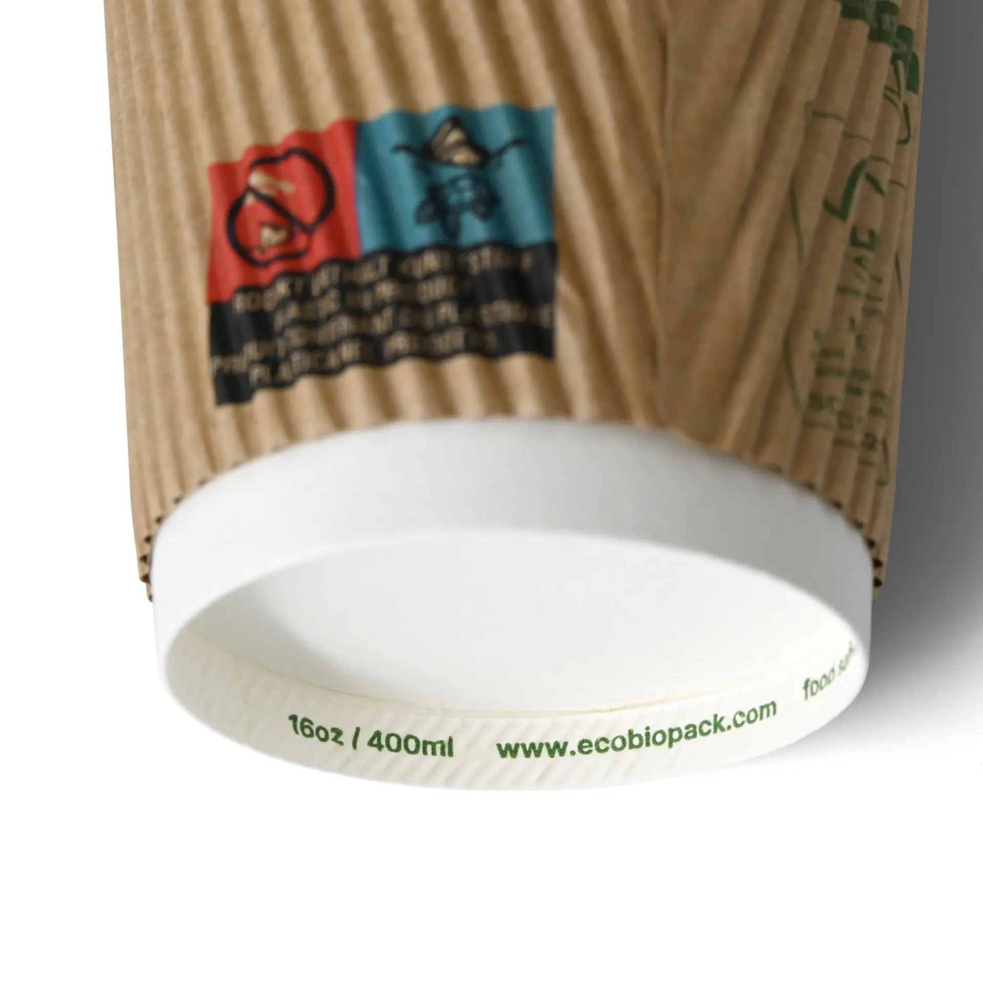 Riffelbecher / Coffee to go Becher 400 ml / 16 oz, Ø 90 mm, braun / innen weiß, PLA-beschichtet