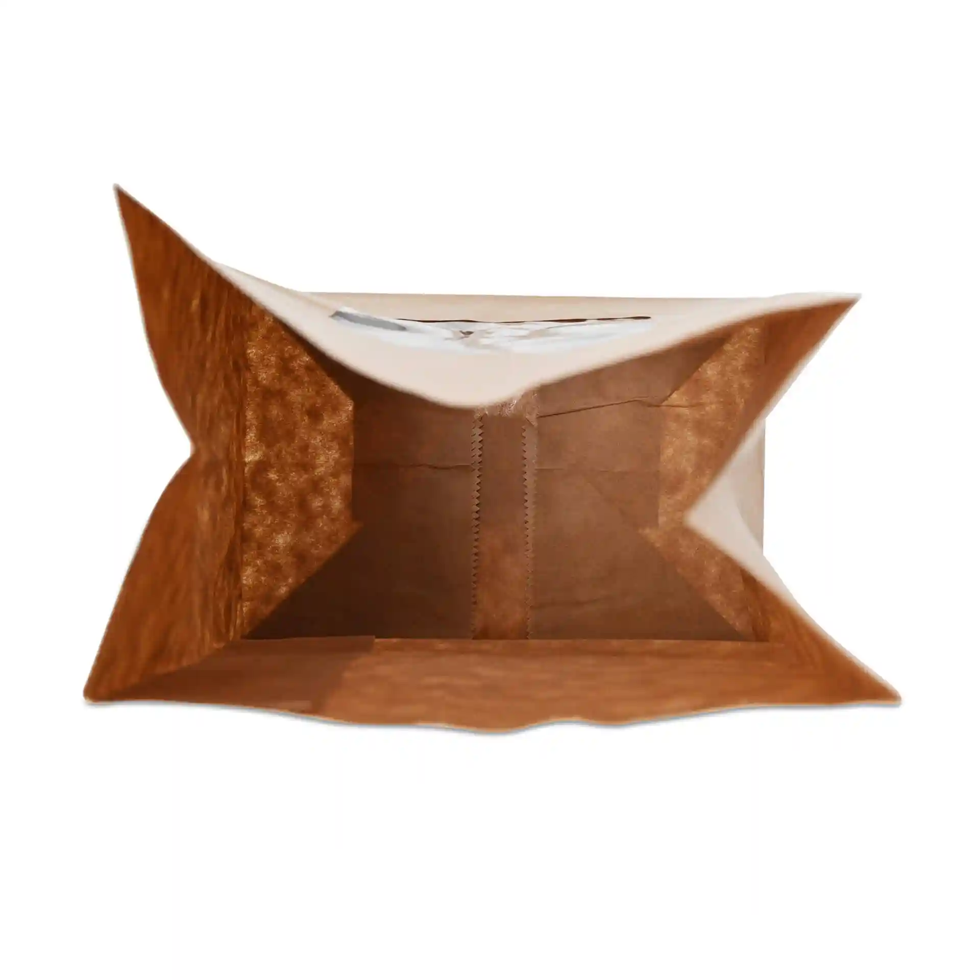 Brown kraft paper block bottom bag with a PLA window, viewed from above, showing the interior space.