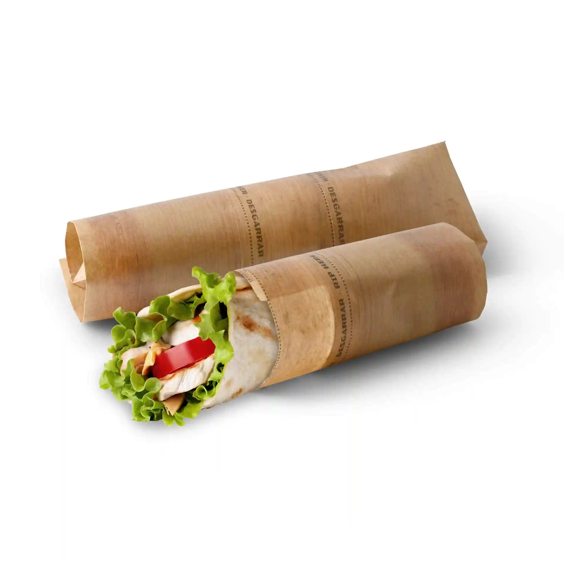 Braune Kraftpapier-Burritotaschen, eine teilweise geöffnet, um den Inhalt zu zeigen, auf einem schlichten Hintergrund.