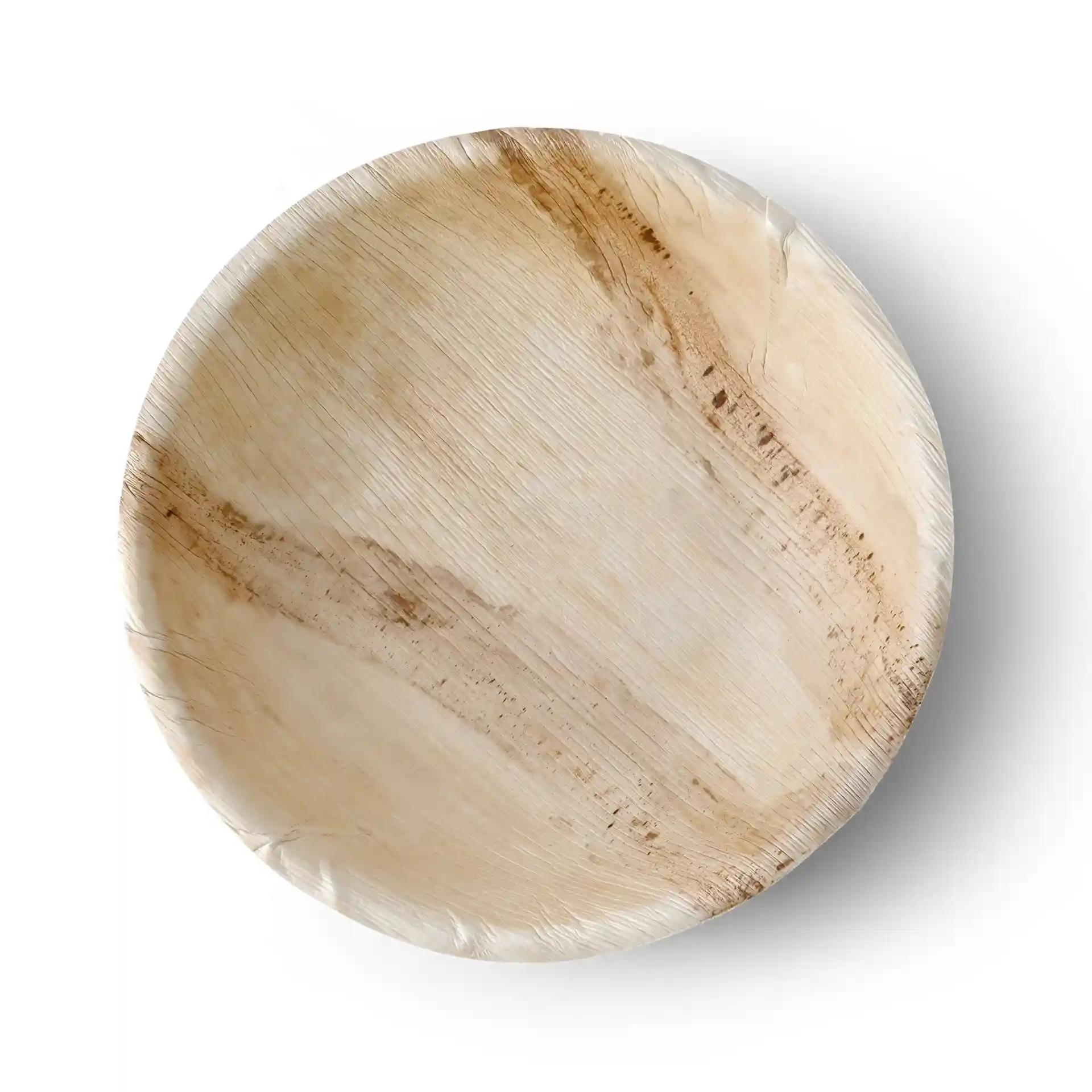 Runde Palmblatt-Schüssel mit einem Durchmesser von 30 cm, mit natürlichem Maserungsmuster und ohne Beschichtung.