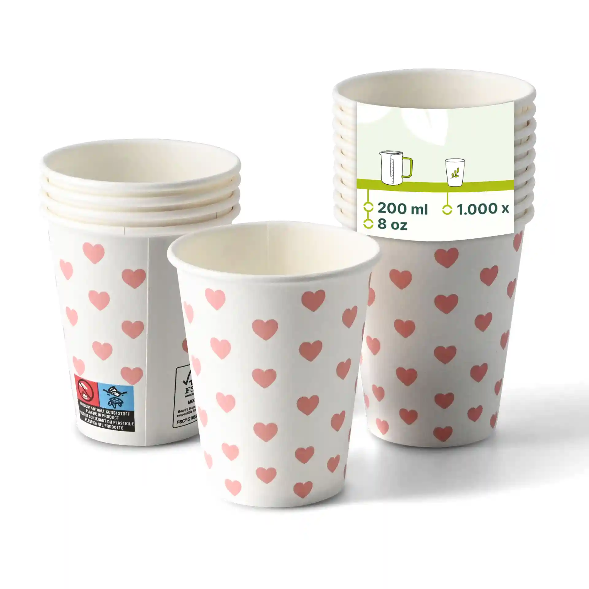 Runde Pappbecher mit weißem Hintergrund und pinken Herzmotiven, gestapelt mit einem Becher vorne.