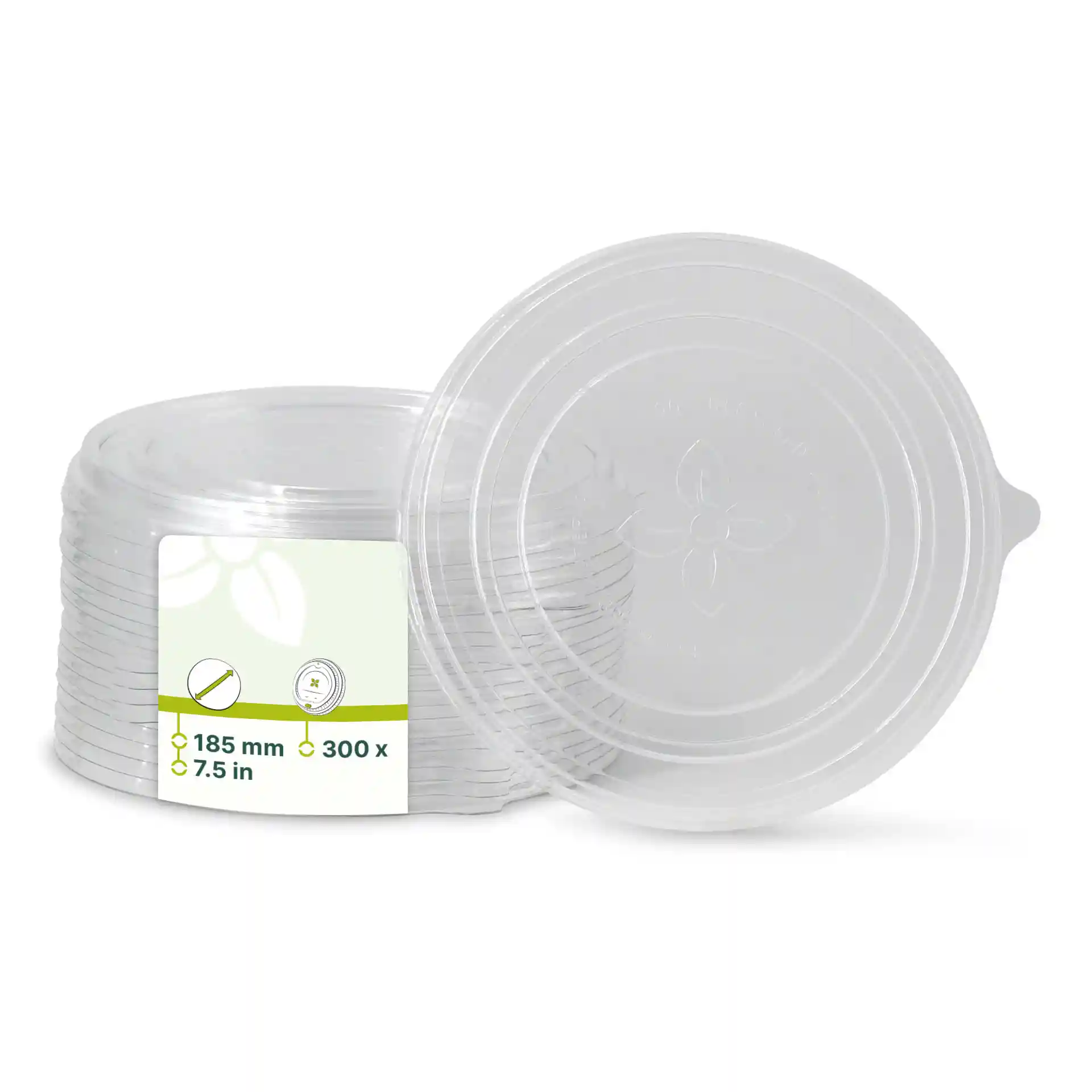 Clear round cup lids made of rPET, measuring 185 mm in diameter, stacked with a label visible.