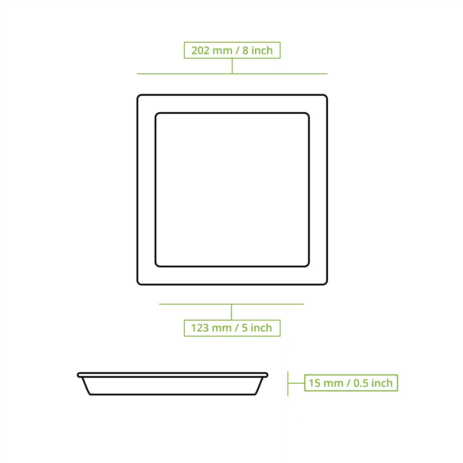 Schematische Zeichnung einer quadratischen Zuckerrohrplatte mit den Maßen 202 mm x 202 mm und einer Höhe von 15 mm.