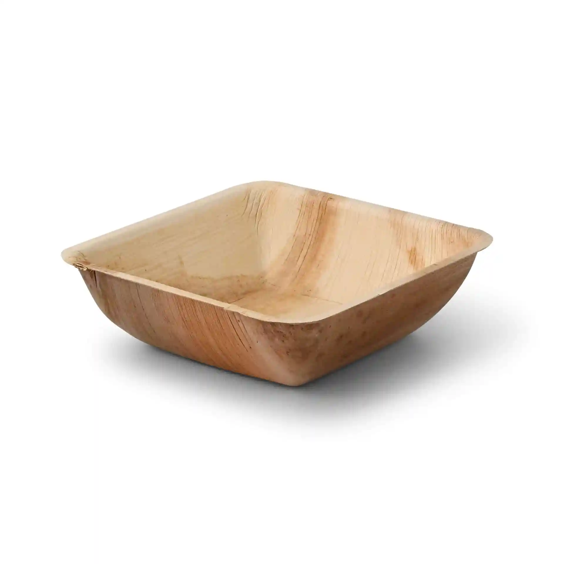 Square palm leaf bowl with a grain finish, measuring 180 mm in length and width, 54 mm in height.