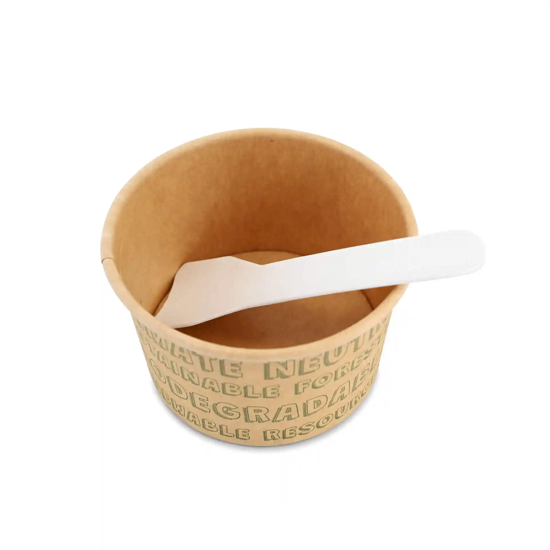 Papierbecher mit braunem Äußeren und einem weißen Löffel darin.