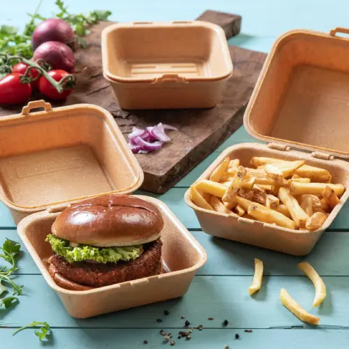 Zwei umweltfreundliche Takeout-Behälter sind abgebildet, einer mit einem Burger und Salat, der andere mit Pommes frites, auf einer blauen Oberfläche.