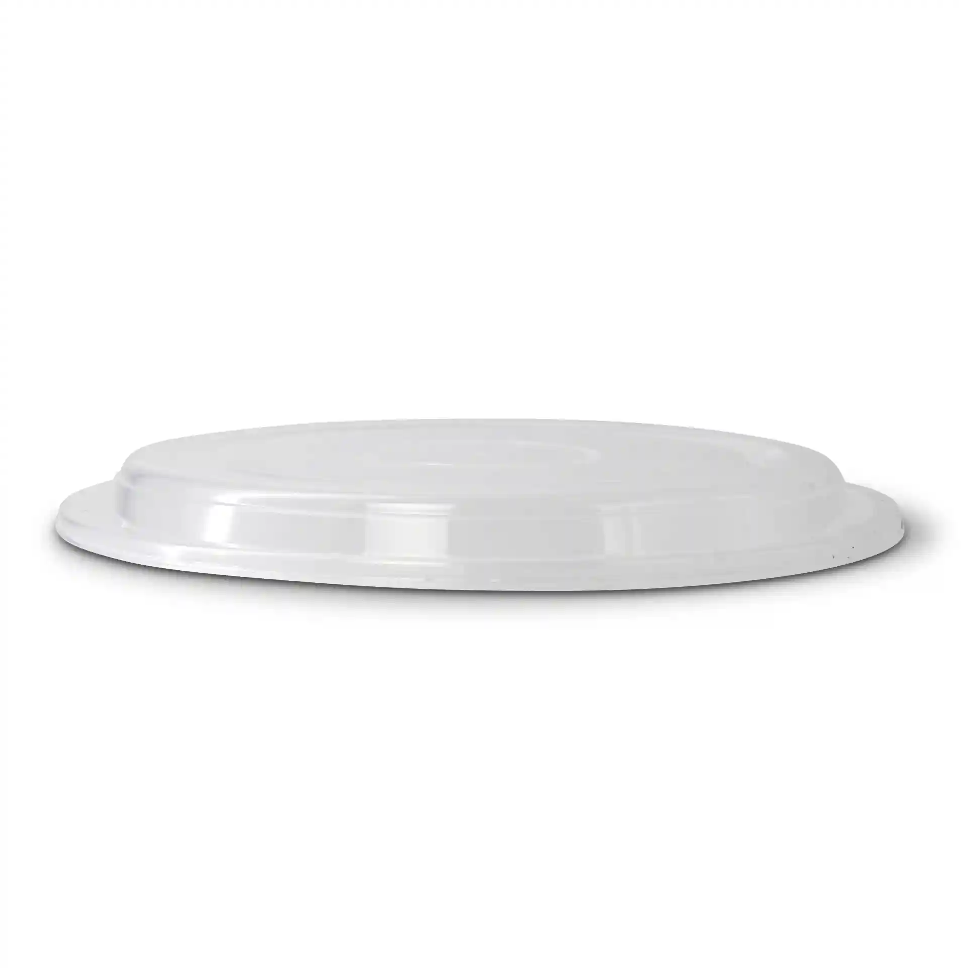 Transparenter runder wiederverwendbarer Deckel aus Polypropylen, 17 mm hoch und 215 mm Durchmesser.
