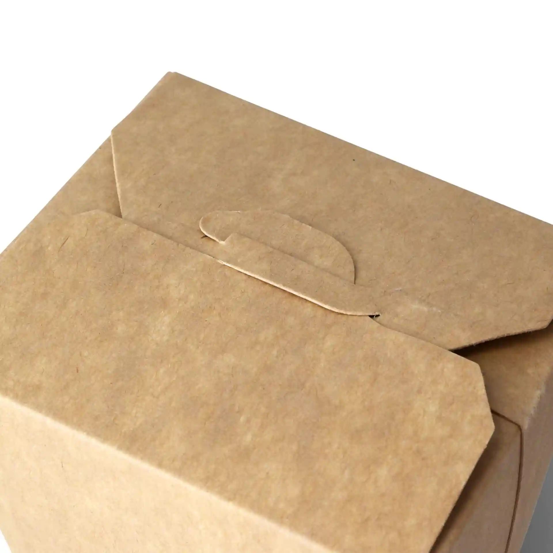 Nahaufnahme einer braunen Pappnudelbox mit Klappverschluss, die die Oberseite und einen Teil der Seiten zeigt.