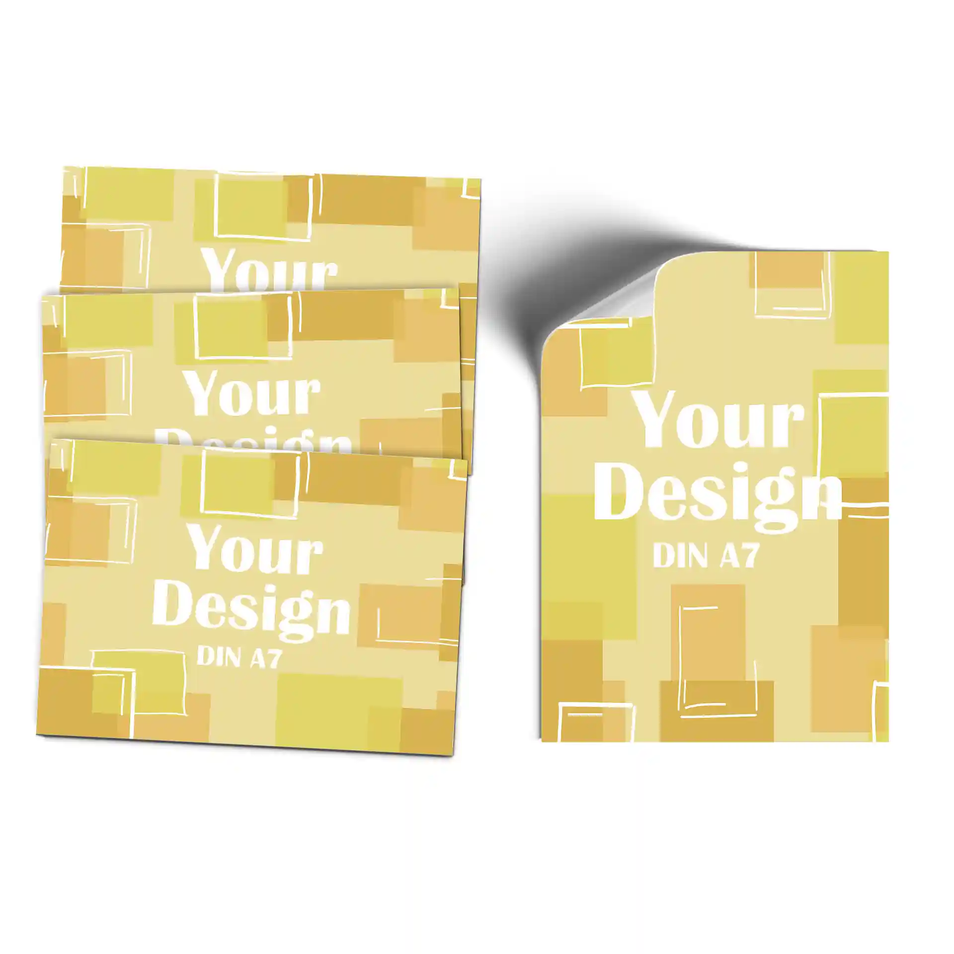 Rectangular DIN A7 printed labels on a white matte background with a yellow geometric design.