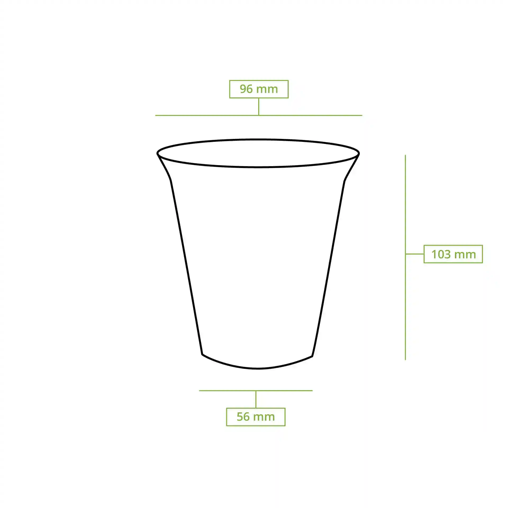 Schematic drawing of a cup with dimensions: height 103 mm, top diameter 96 mm, bottom diameter 56 mm.