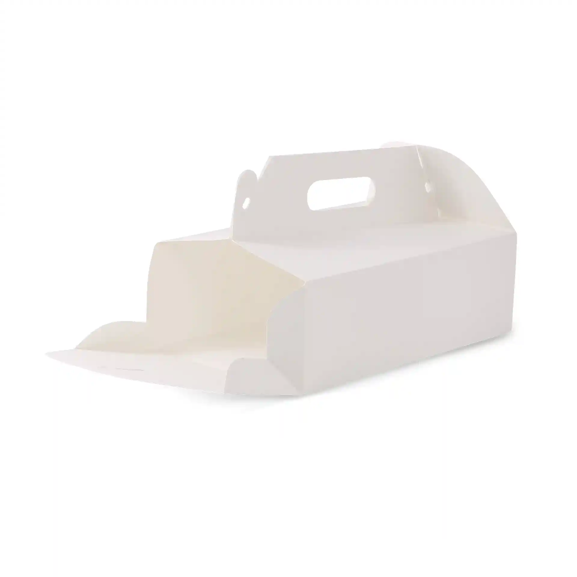 White rectangular cardboard pastry box with a handle, measuring 26 x 17 x 9 cm, foldable design.