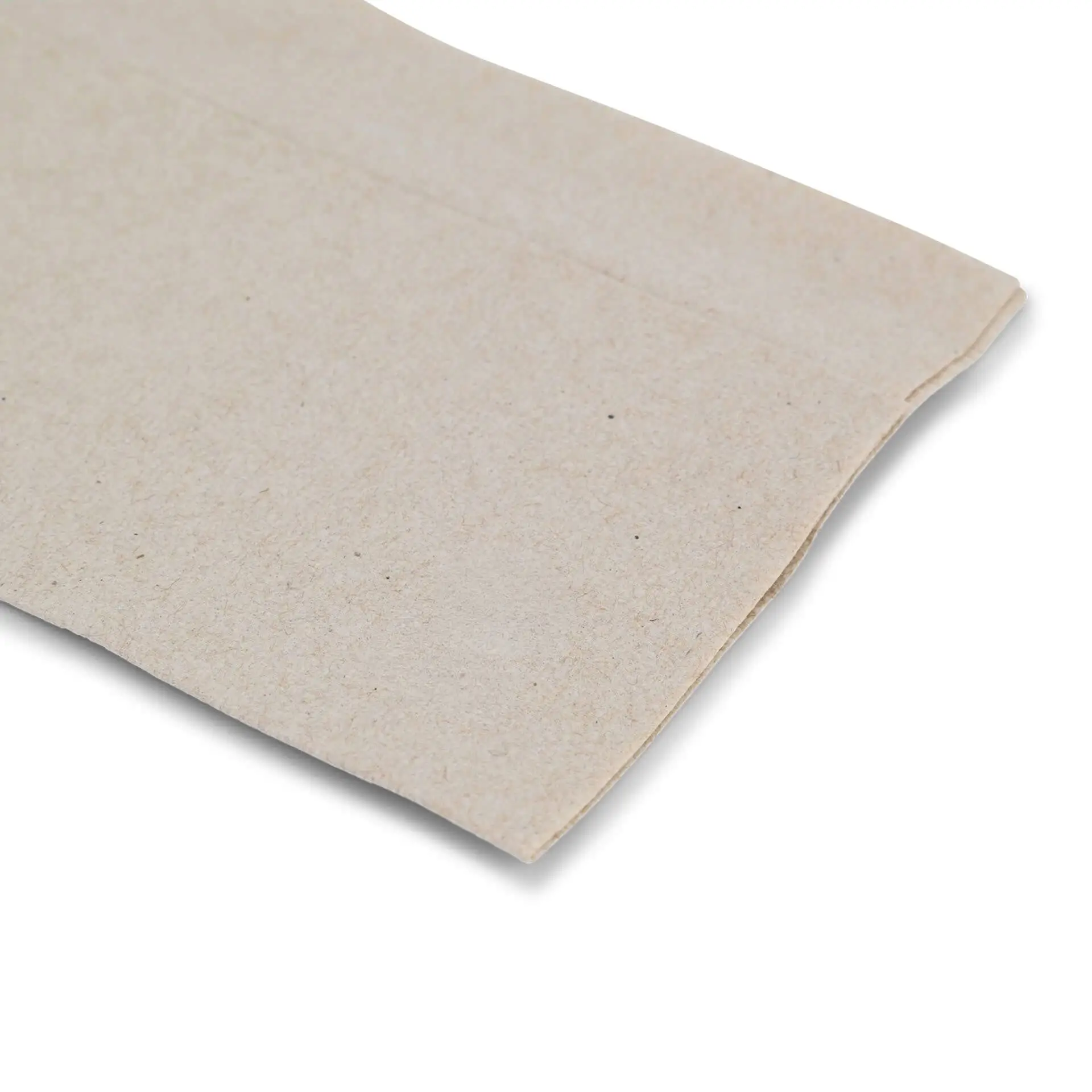 Image of unbleached rectangular paper napkin with a printed recycling symbol and text indicating it is 100% recycled.