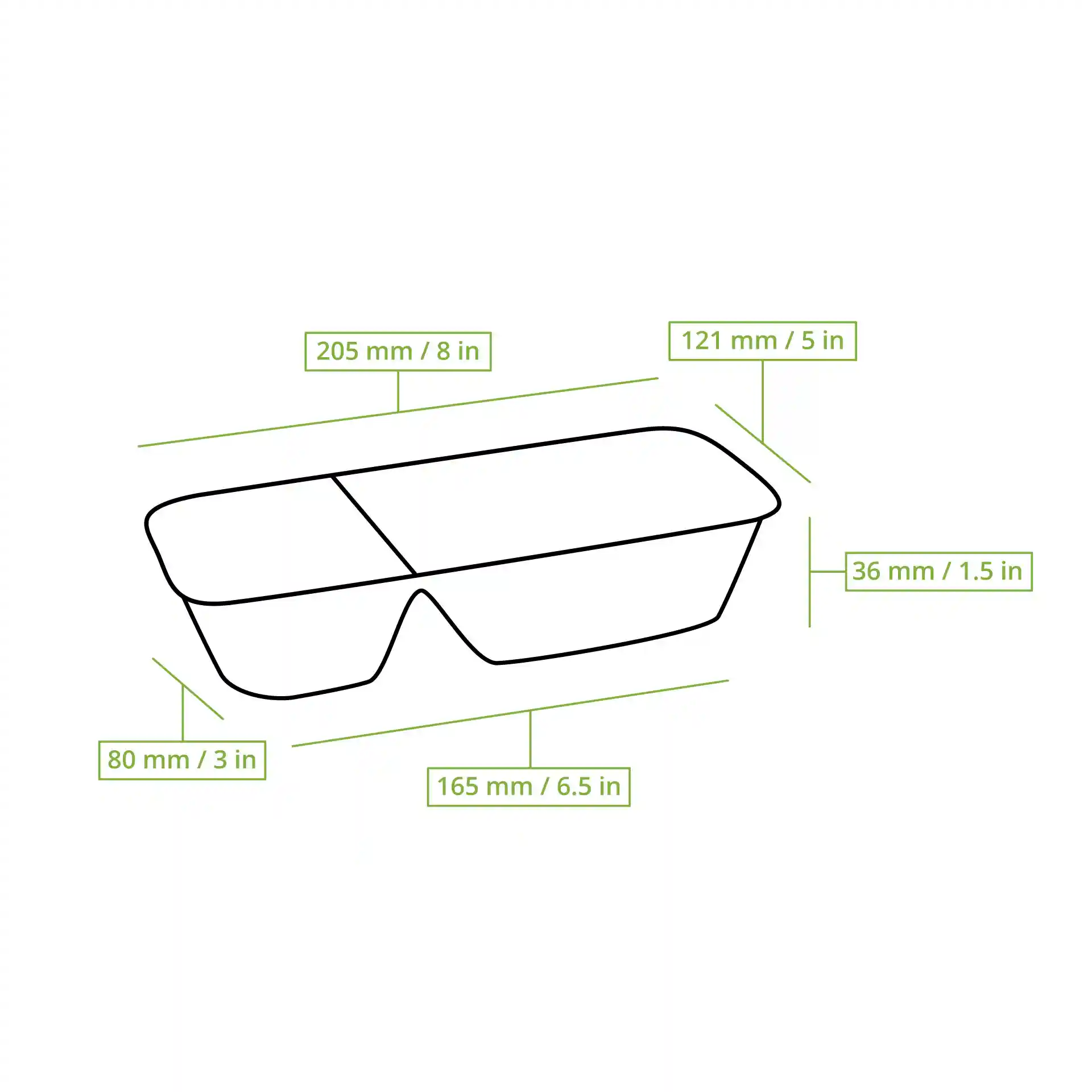 Schematische Zeichnung eines rechteckigen Bagasse-Chip-Trays mit zwei Fächern und Maßlinien.