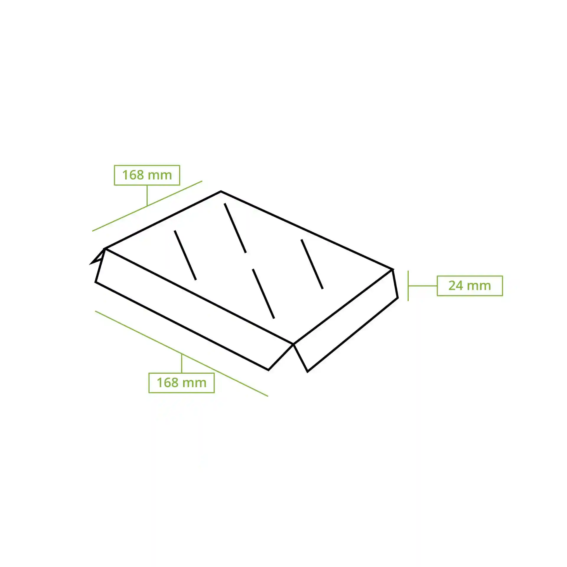 Schematische Zeichnung eines rechteckigen Inserts für Cupcake-Boxen, 168 mm x 168 mm x 24 mm.