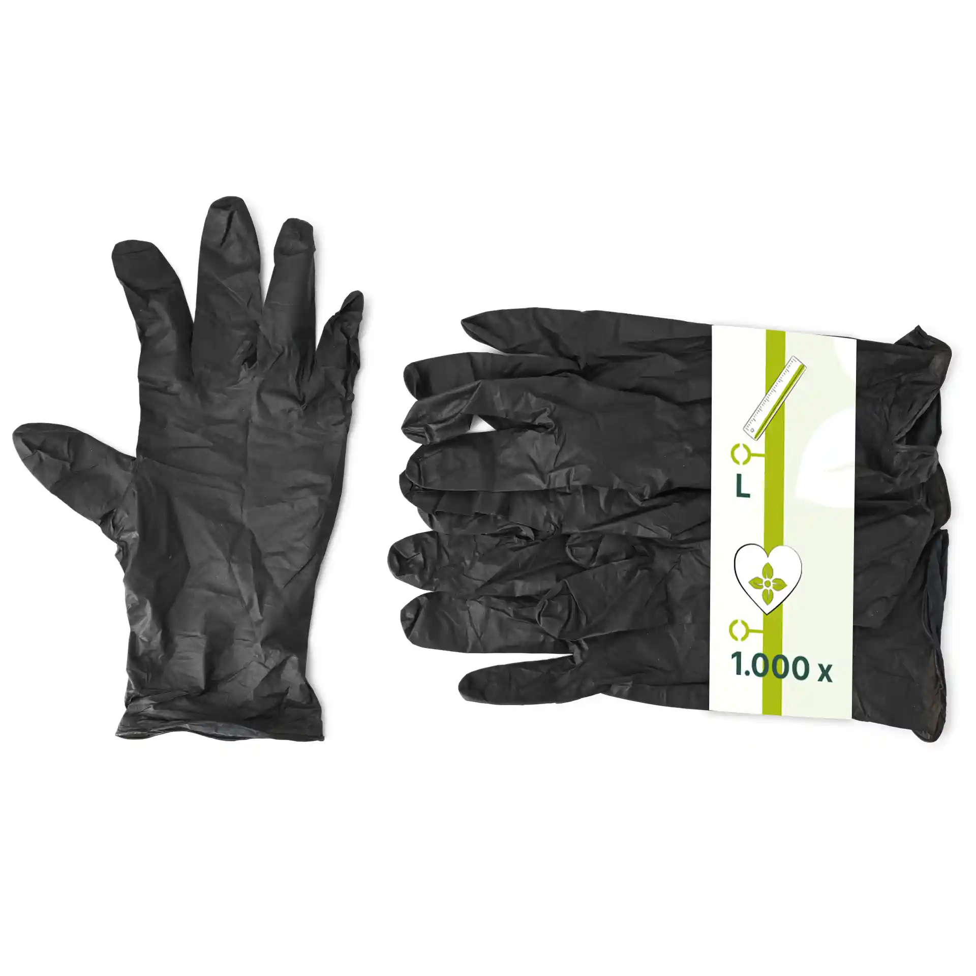 Black nitrile gloves in size L, with one glove shown and a pack of multiple gloves beside it.