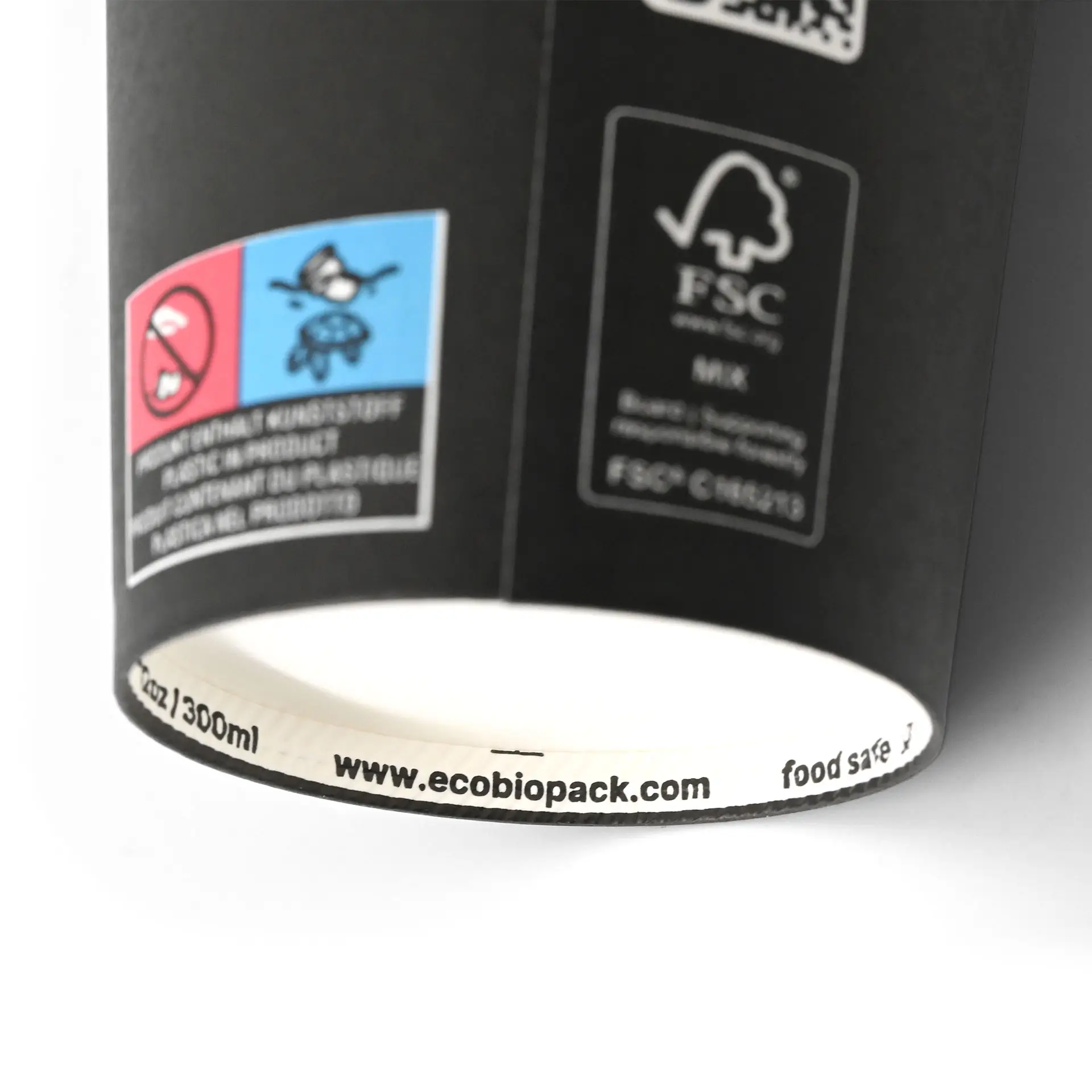 Black single-wall paper cup for hot and cold drinks, 300 ml, with PLA coating and various printed labels.