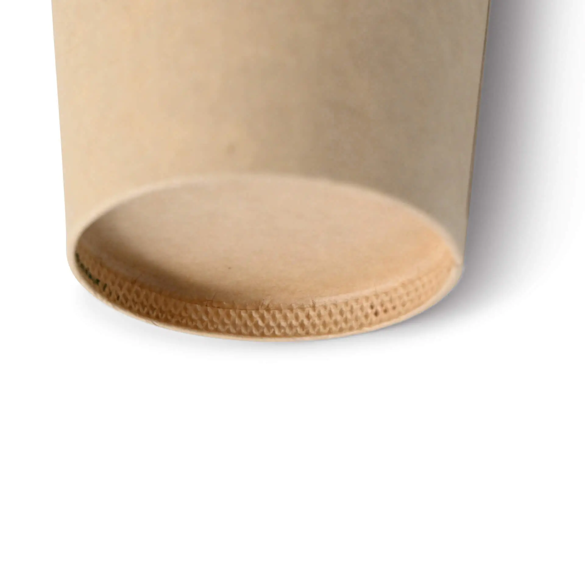Close-up of the bottom of a brown paper cup with a textured rim and smooth surface.