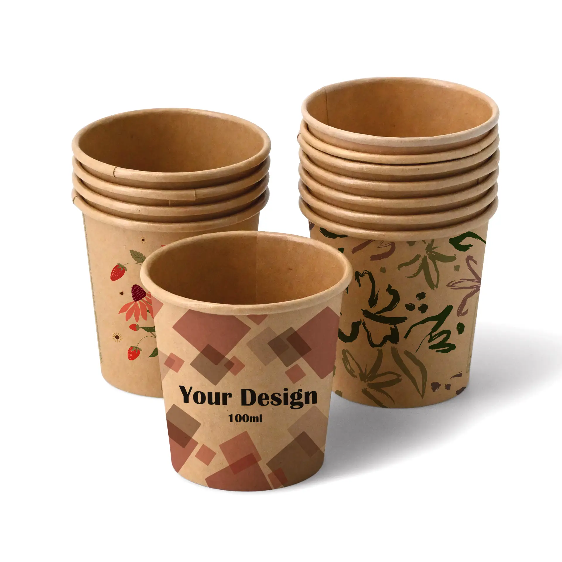 Paper cups with logo (single-wall), 100 ml / 4 oz, brown, PE coated Paper cups with logo (single-wall), 100 ml / 4 oz, brown, PE coated