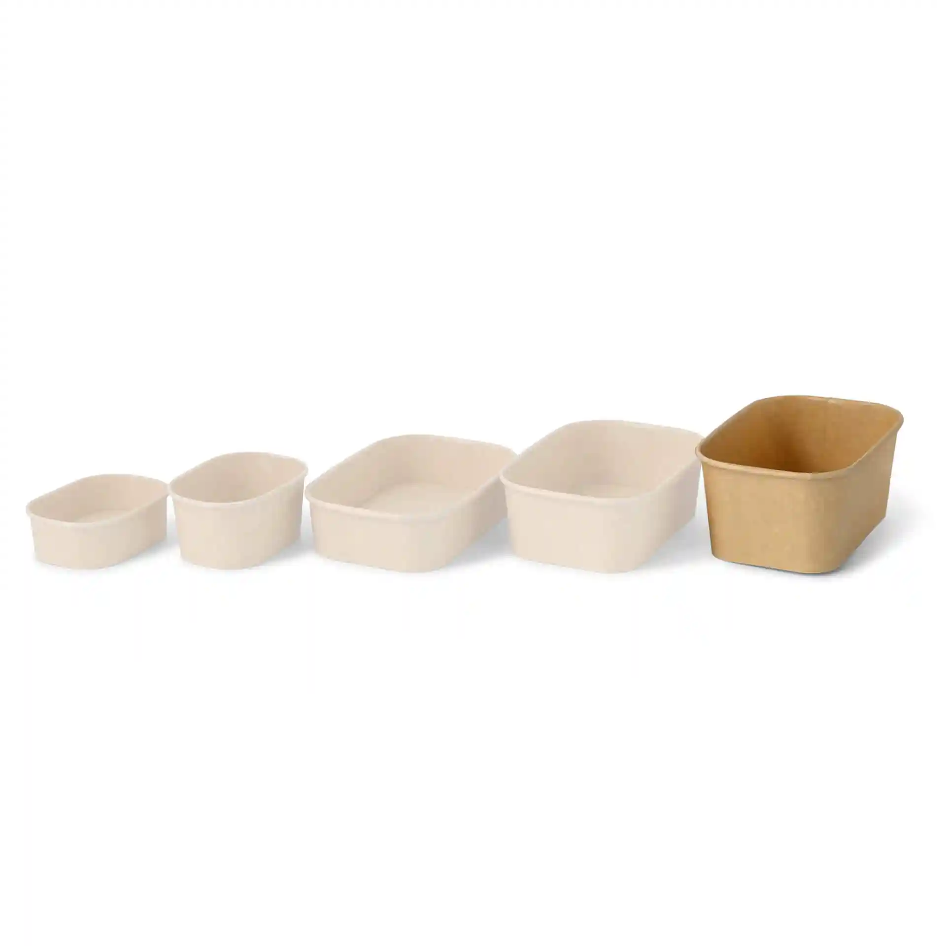 Set of five rectangular food containers in beige and brown cardboard, varying in size.