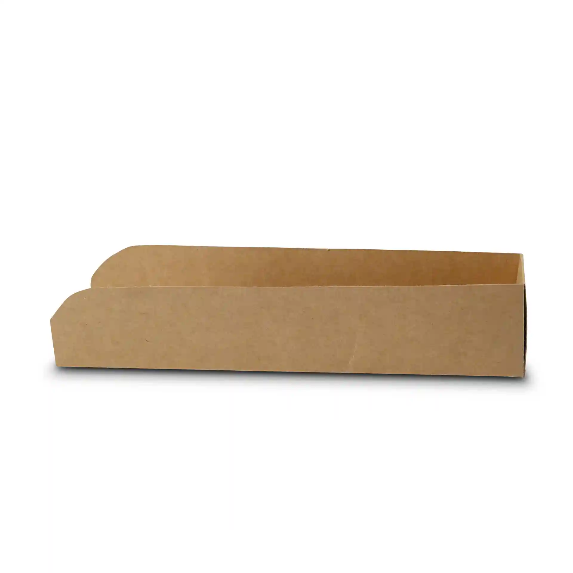 Brown rectangular cardboard hot dog tray, foldable, measuring 18 x 5 cm with a height of 3.5 cm.