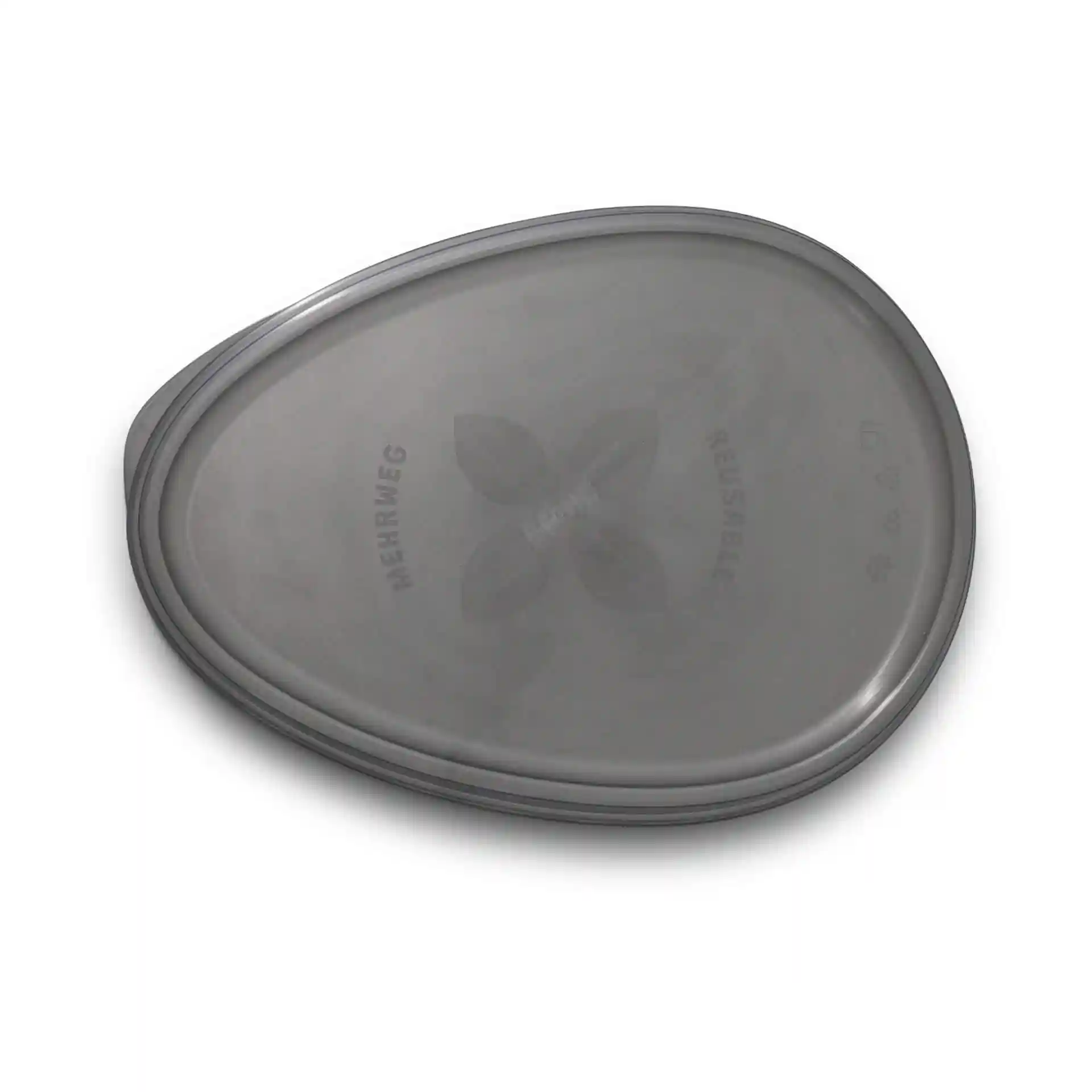 Grey reusable oval lid made of PP, measuring 27.5 x 20 cm, with markings on the surface.