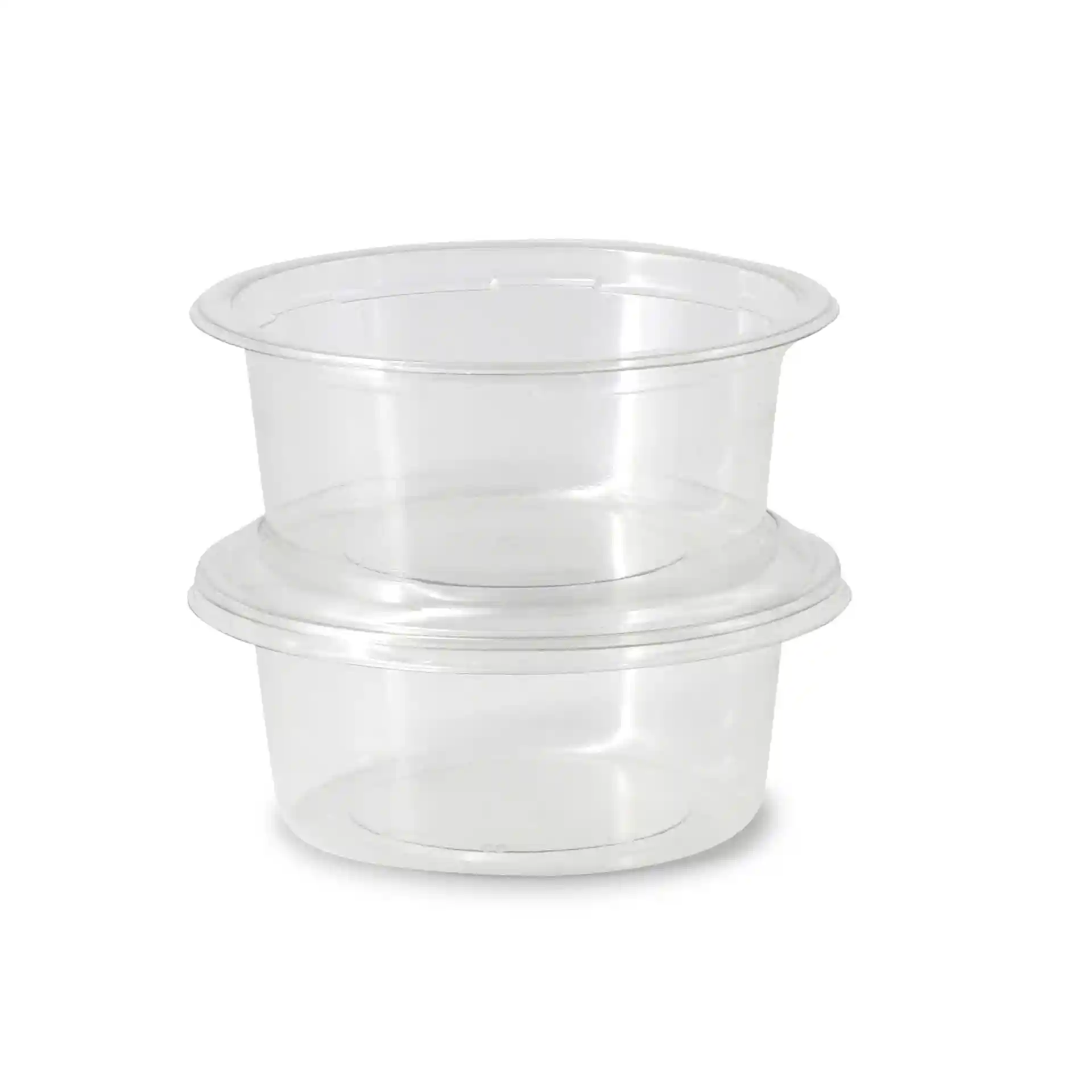 Transparent round rPET deli pots stacked, with a top diameter of 123 mm and a height of 60 mm.