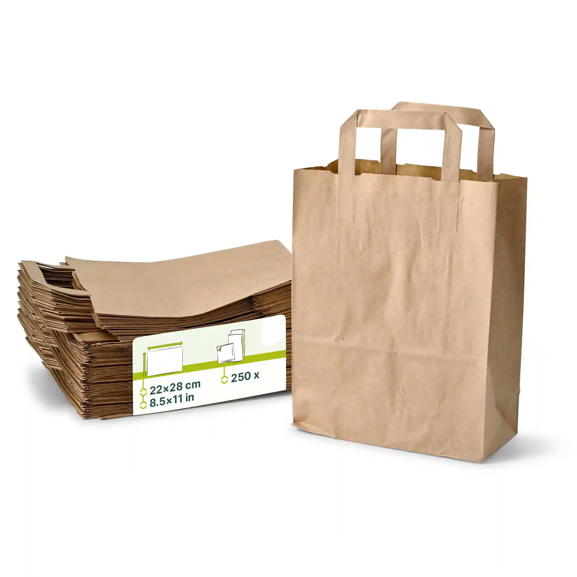 Brown paper carrier bag with handles next to a stack of flat brown sheets, showing dimensions and quantity label.