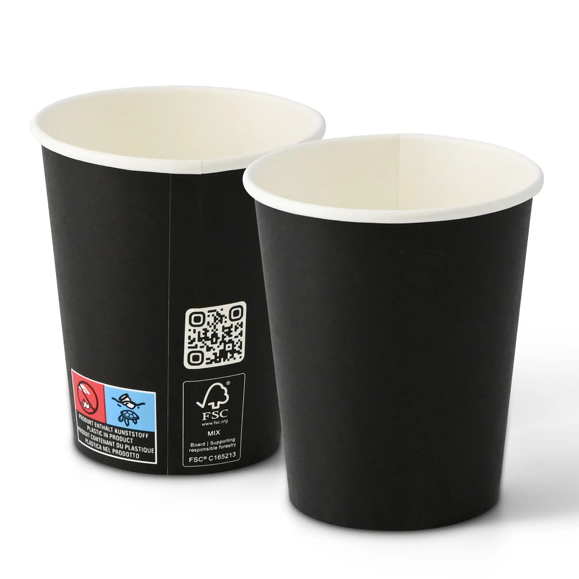 Black paper cup, 200 ml capacity, single wall, with a white interior, shown from two angles.