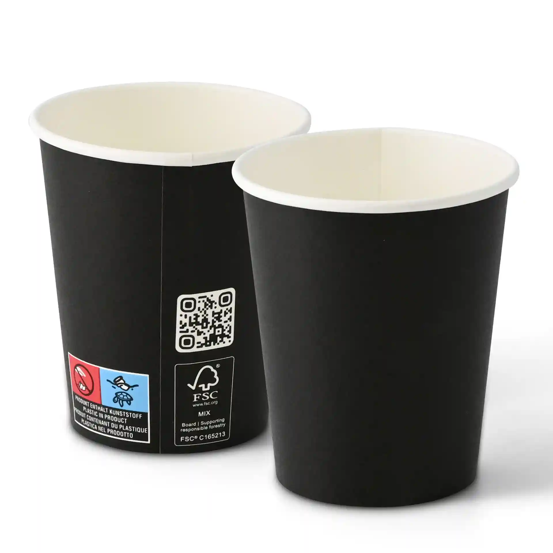 Black paper cup, 200 ml capacity, single wall, with a white interior, shown from two angles.