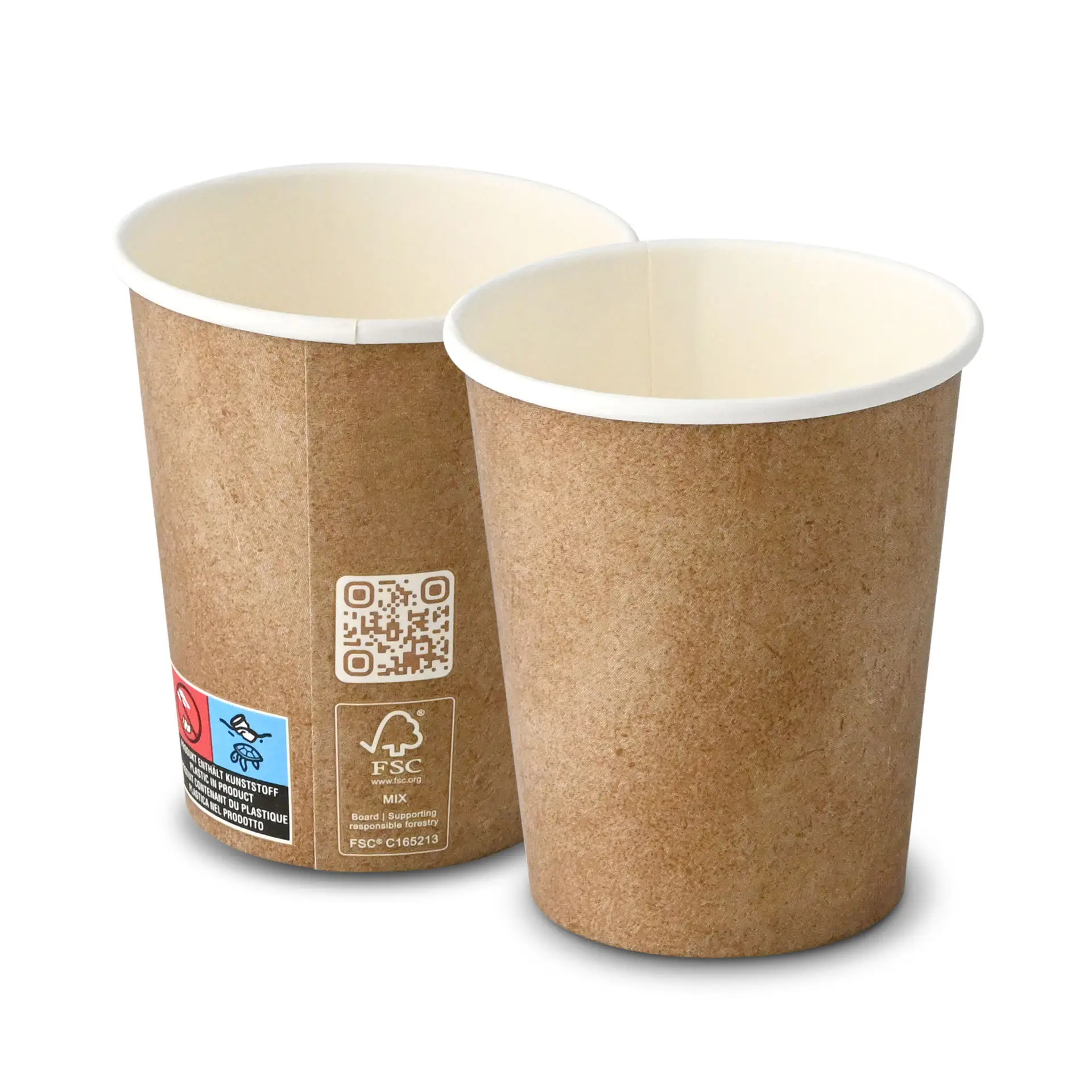 Brauner Becher aus Papier mit weißer Innenbeschichtung, einwandig, 200 ml Fassungsvermögen und 80 mm Durchmesser.