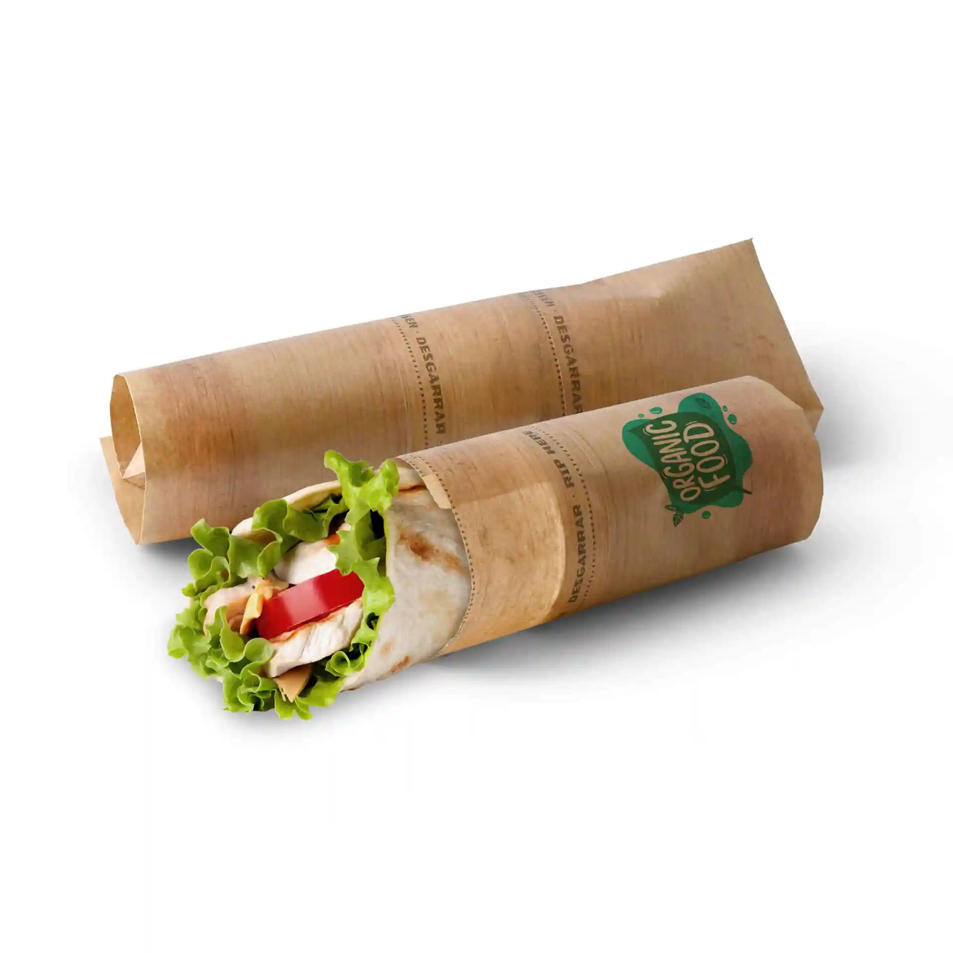 Brown printed wrap bags with adhesive closure, containing fresh ingredients like lettuce and tomato.