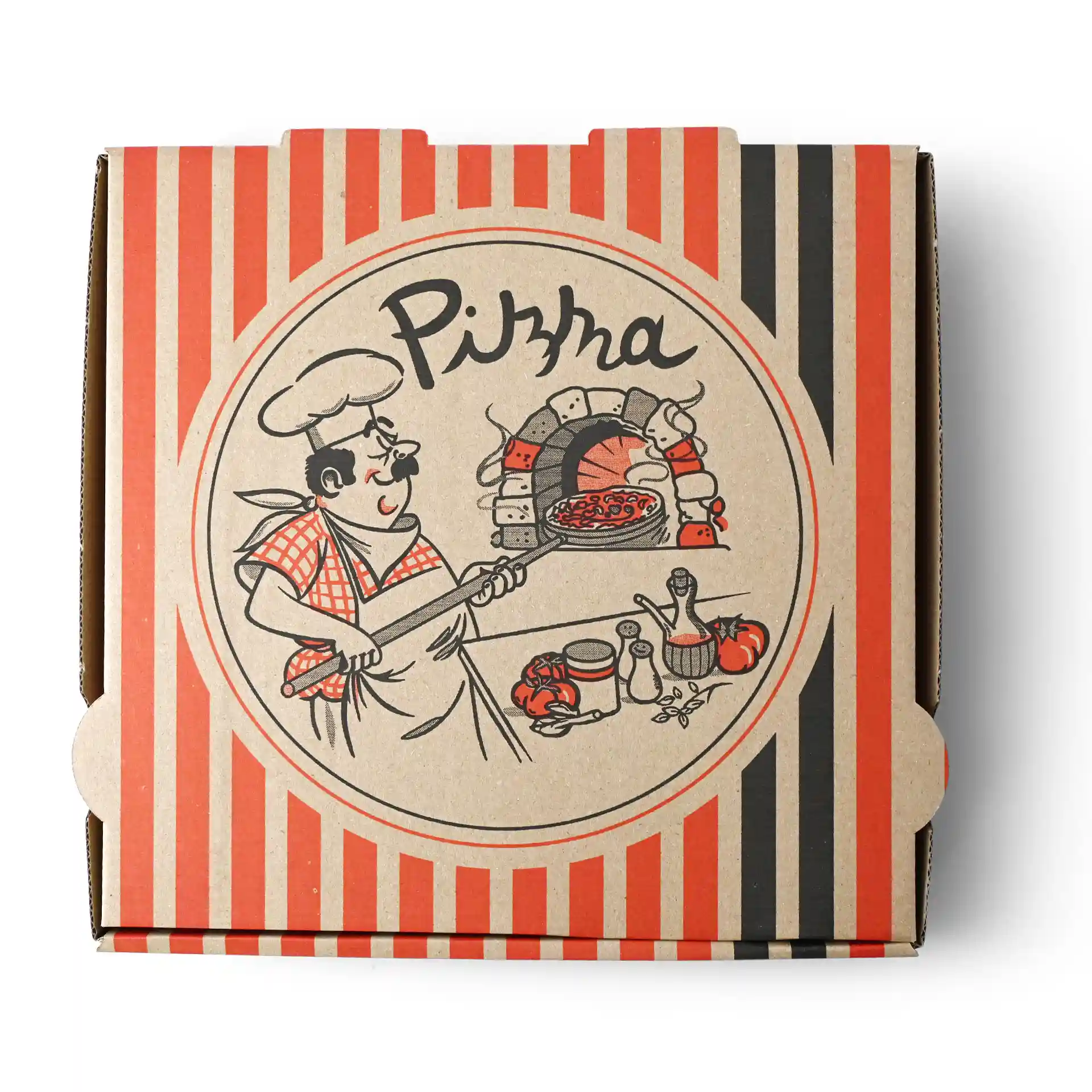 Pizzaschachtel mit einem Pizzakoch-Design, braunes Karton, Maße 26 x 26 x 4 cm.