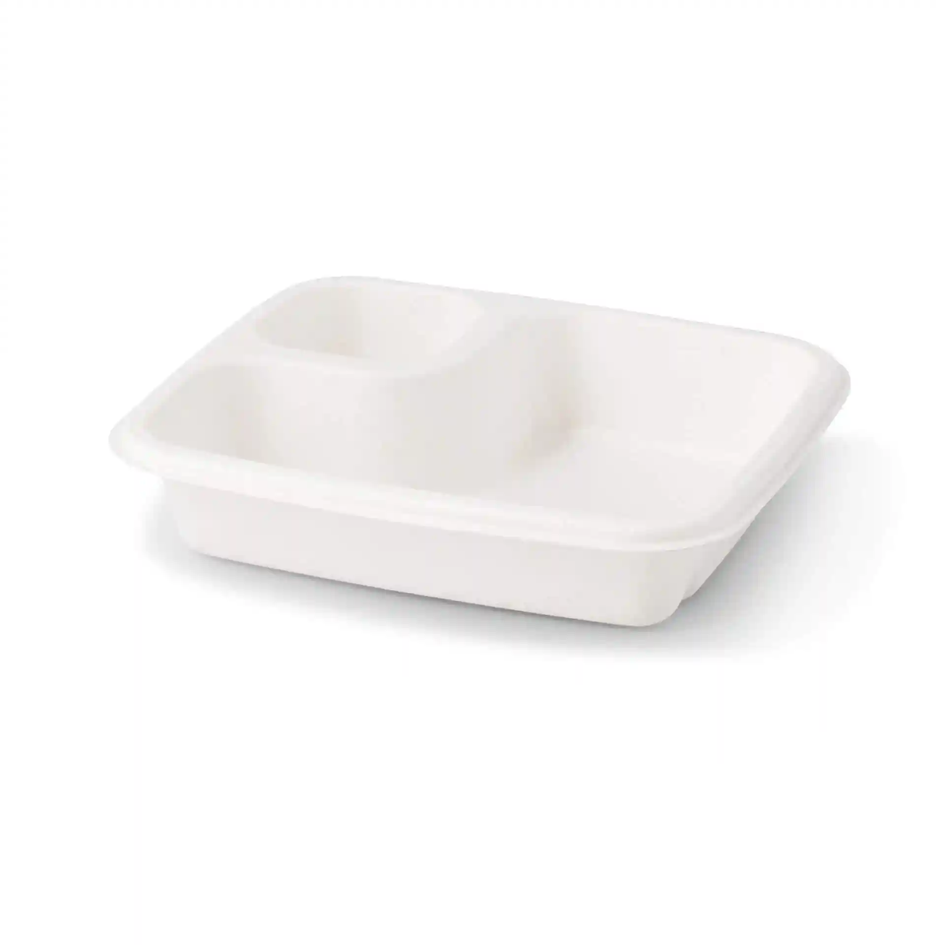 Rectangular white sugarcane dip plate with two compartments, measuring 16.5 cm x 19 cm.