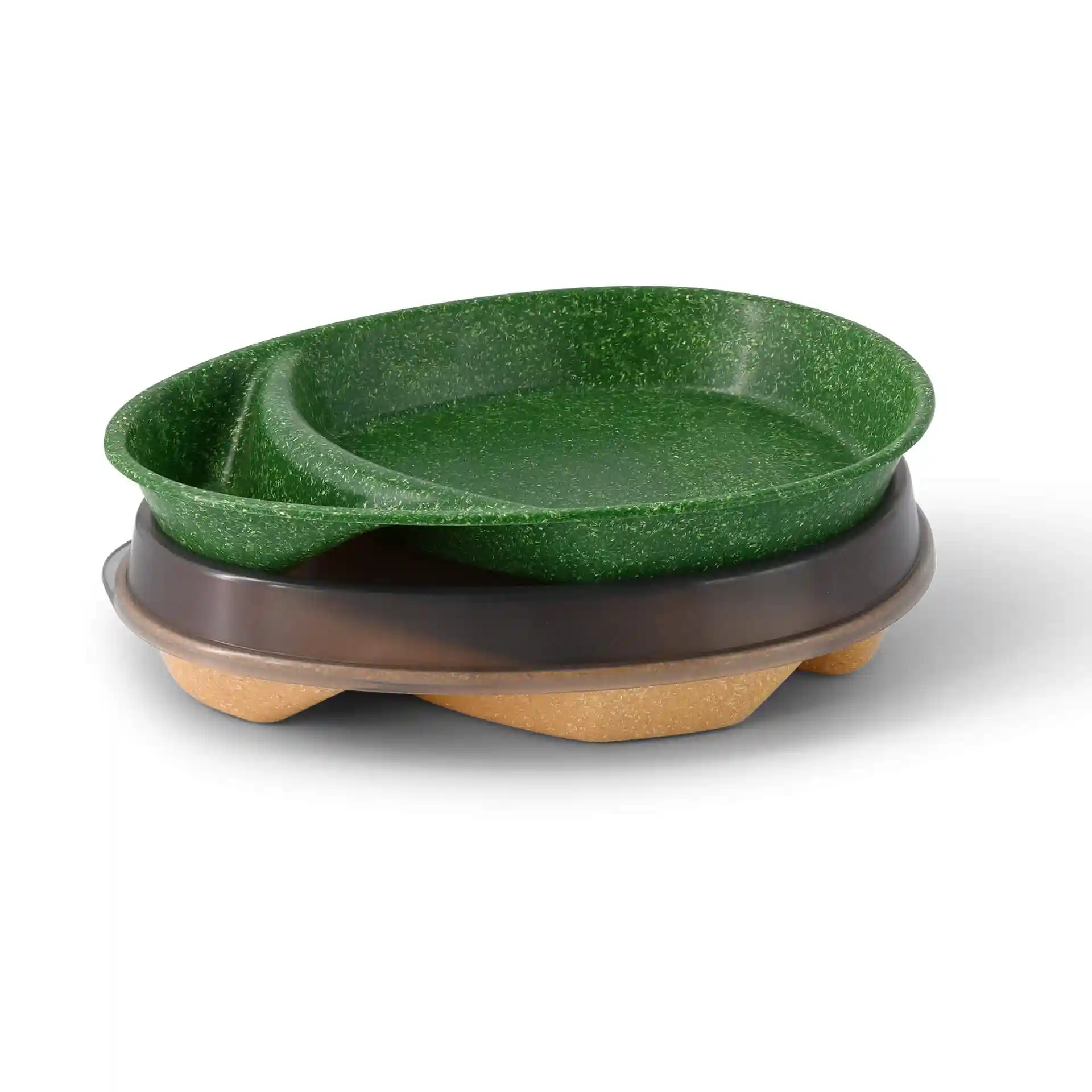 Oval plate set with a green top plate and a brown base, stacked on a white background.