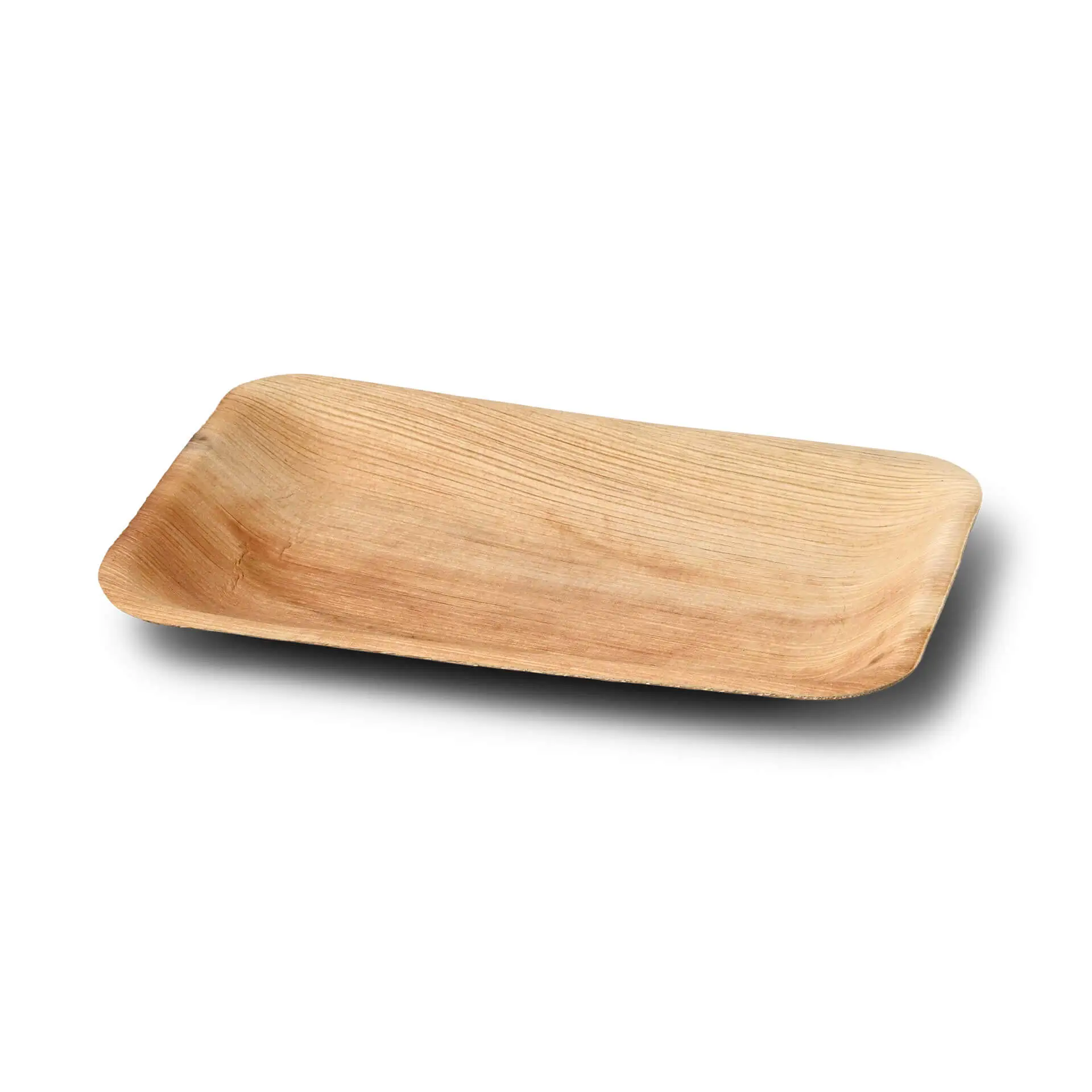 Rectangular palm leaf disposable plate, 25 x 15 cm, featuring a natural grain texture and shallow design.
