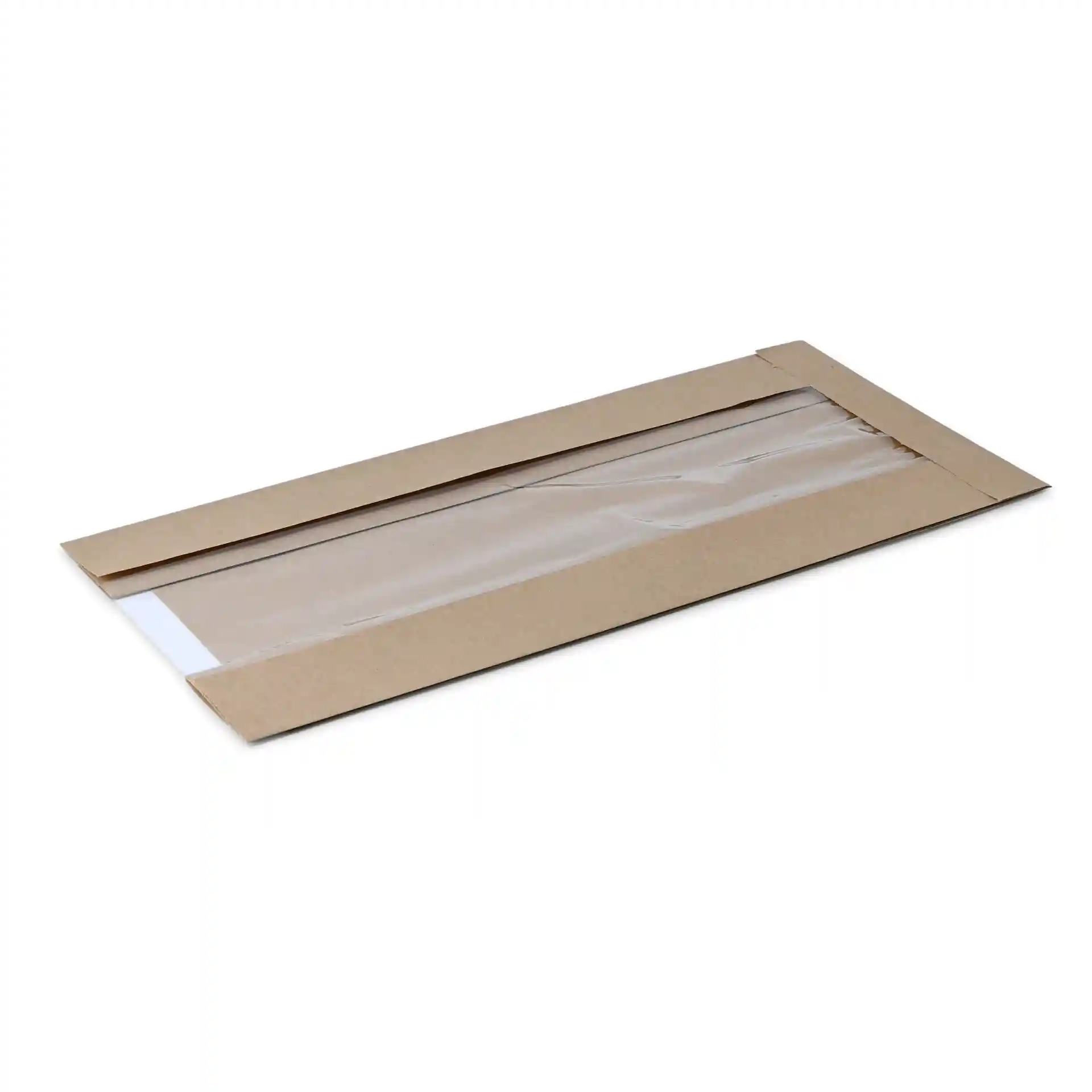 Brown flat paper bread bag with a transparent window, measuring 20 x 11 x 41 cm.