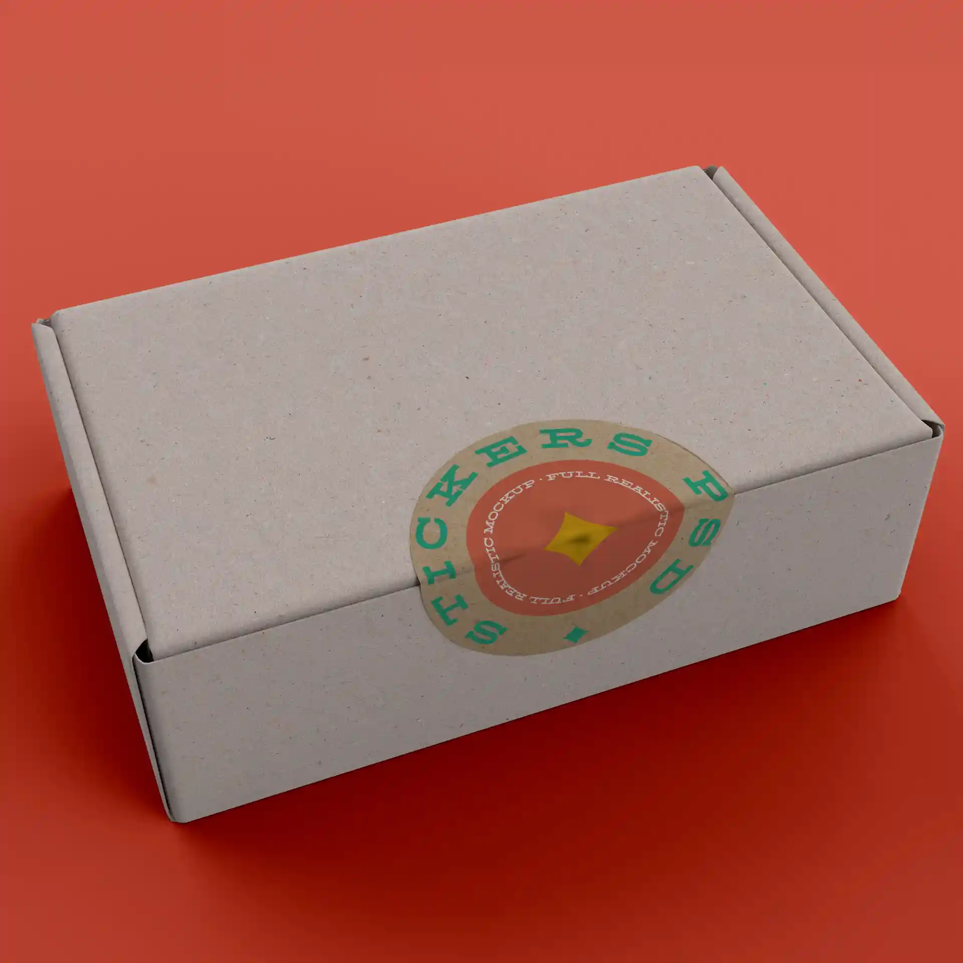 Brown kraft paper box with a round label featuring a design, placed on a red background.