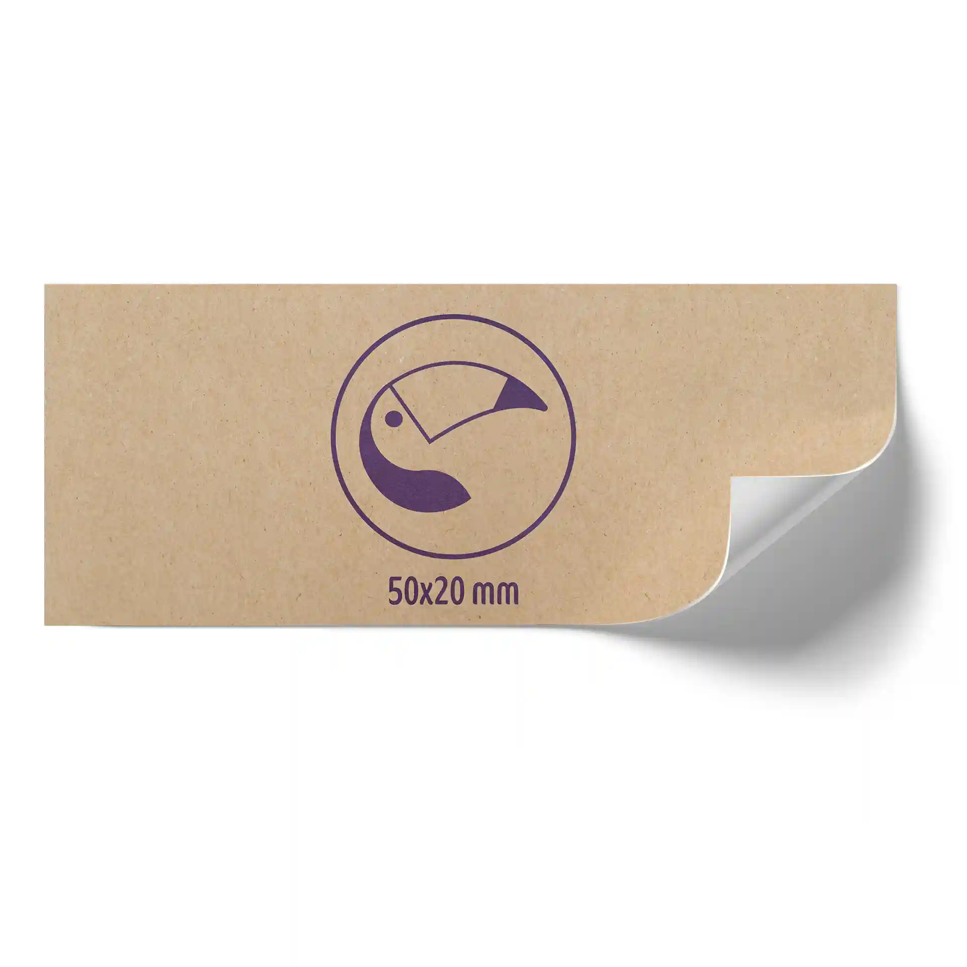 Rectangular brown kraft paper label measuring 50 x 20 mm with a purple symbol and corner cut.