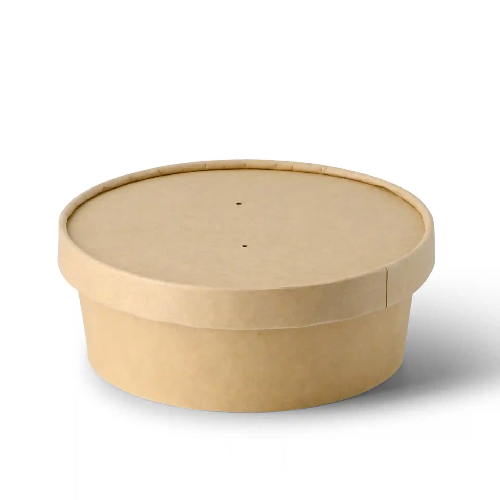 Round brown cardboard bowl with a lid, 150 mm diameter, 51 mm height, featuring two small holes on top.