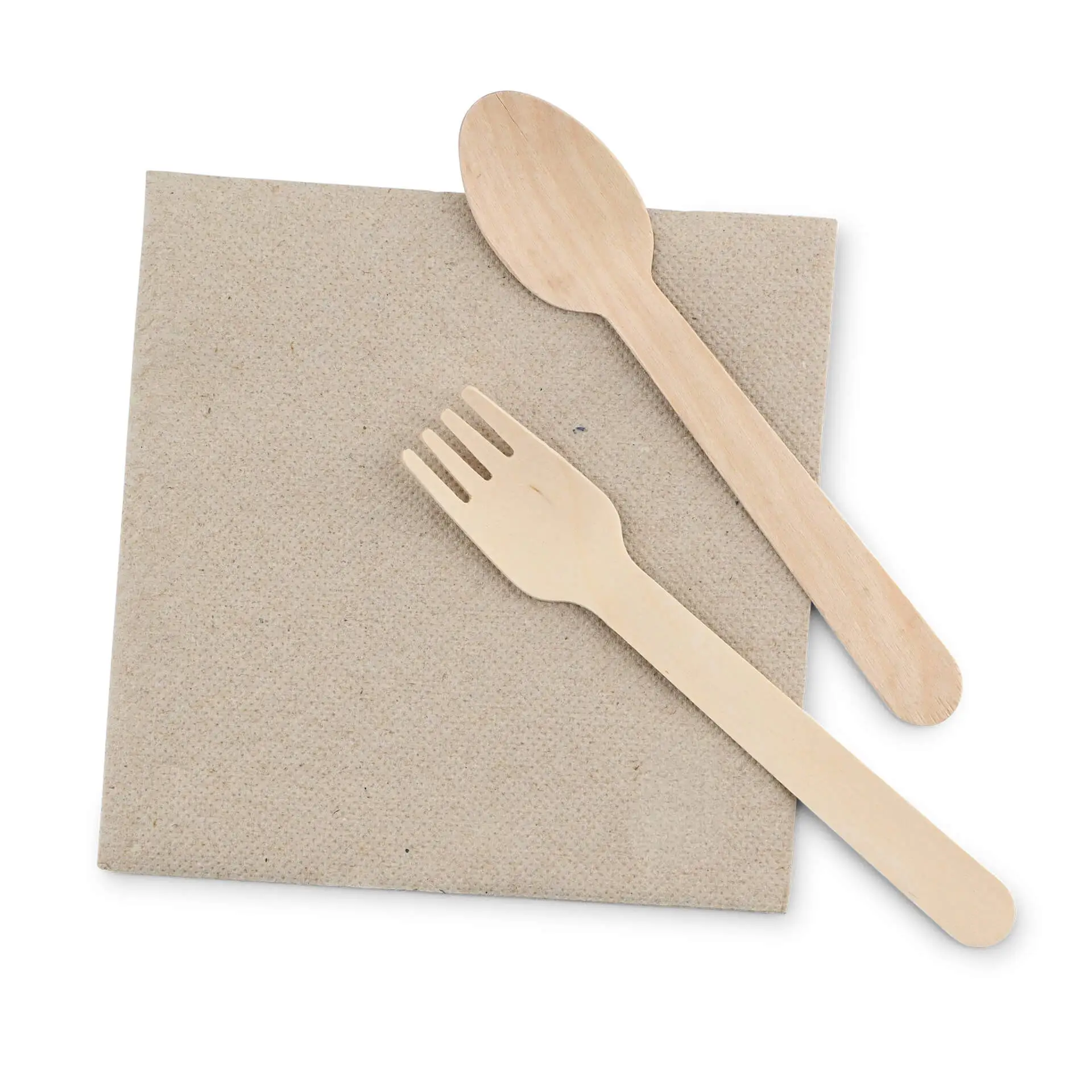 Wooden spoon and fork on a brown paper napkin, with a circular symbol in the bottom corner.