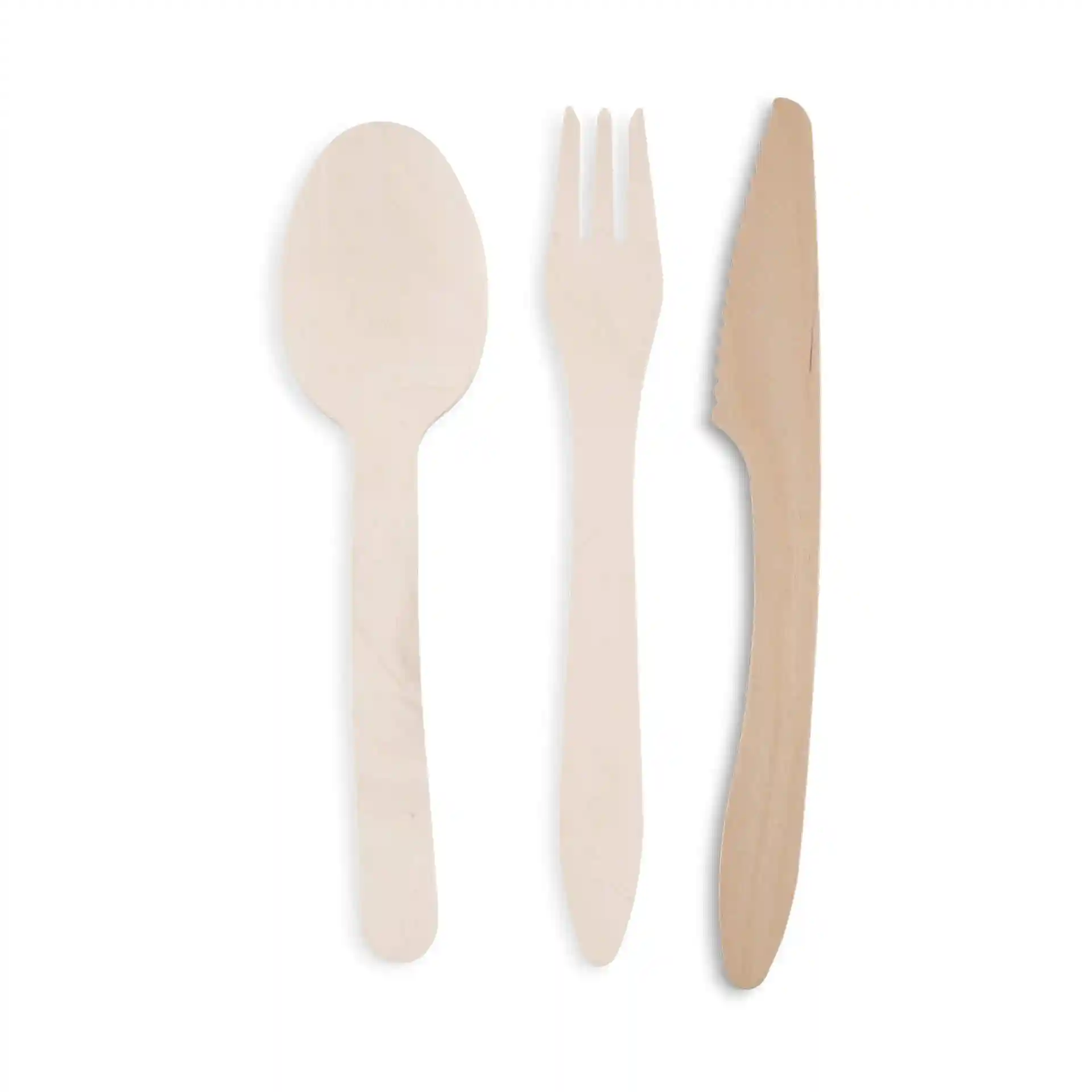 Set of wooden cutlery including a spoon, fork, and knife, all in a natural wood finish.