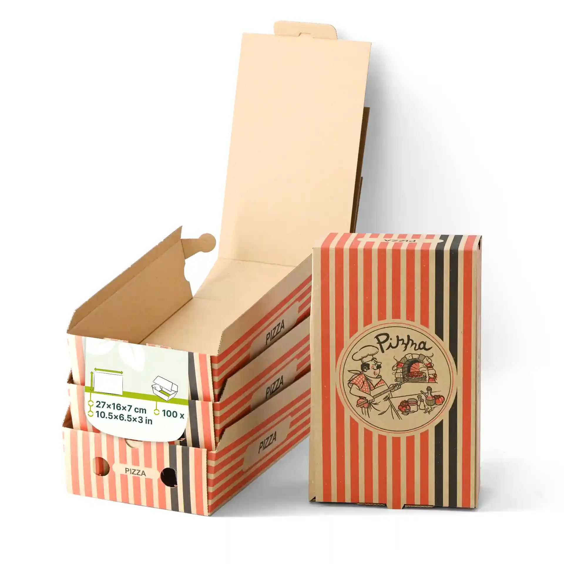 Braune Pizzakartons mit einem Pizzakoch-Design, 27 x 16 x 7 cm, gestapelt mit einem offenen Karton.