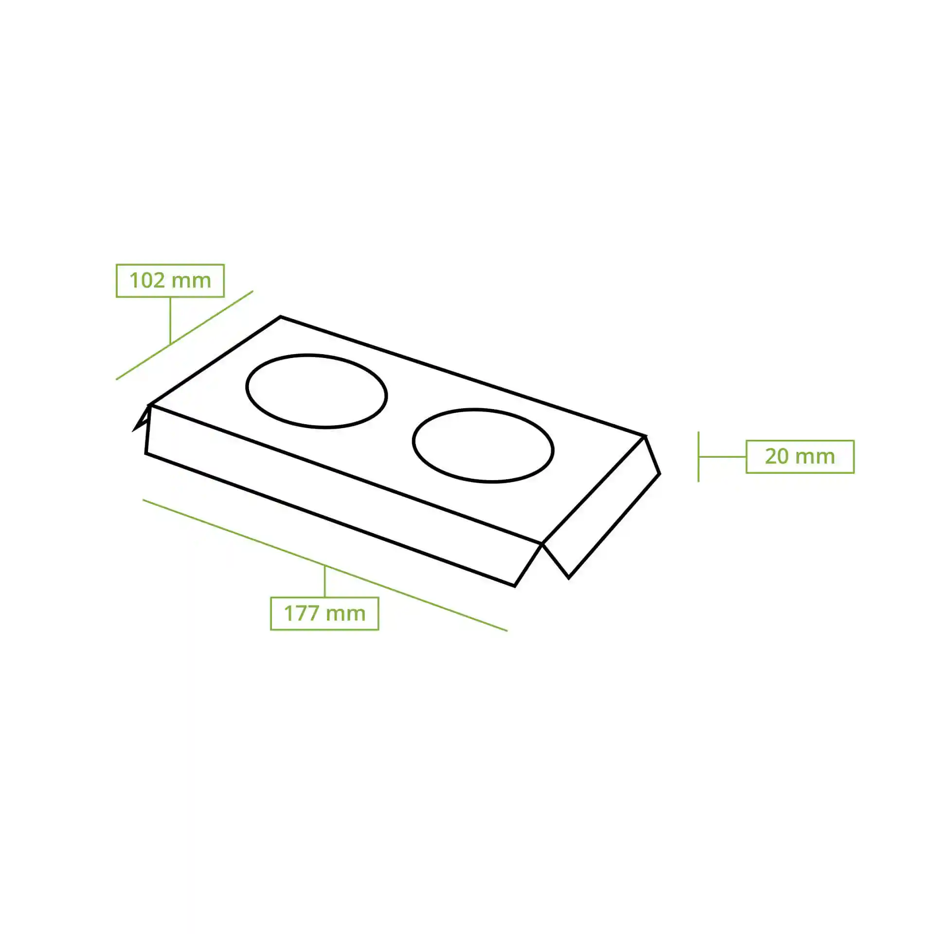 Schematic drawing of a cardboard box insert for cupcakes with dimensions labeled: 177 mm length, 102 mm width, 20 mm height.
