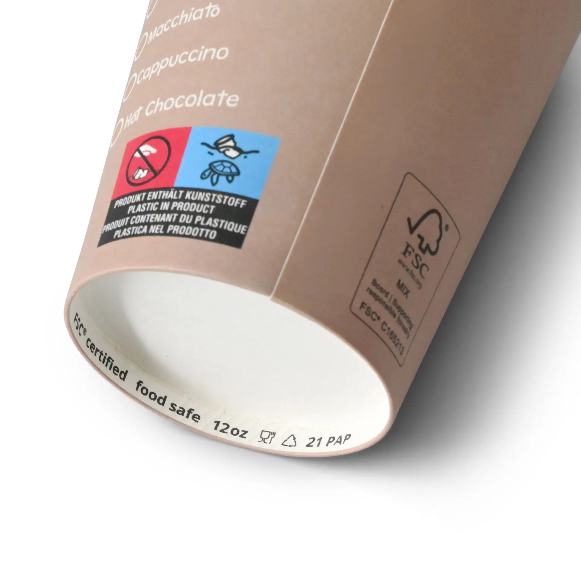 Ein 12 oz weißer Pappbecher mit "Coffeebreak"-Druck, mit Öko-Labels und lebensmittelechten Kennzeichnungen.