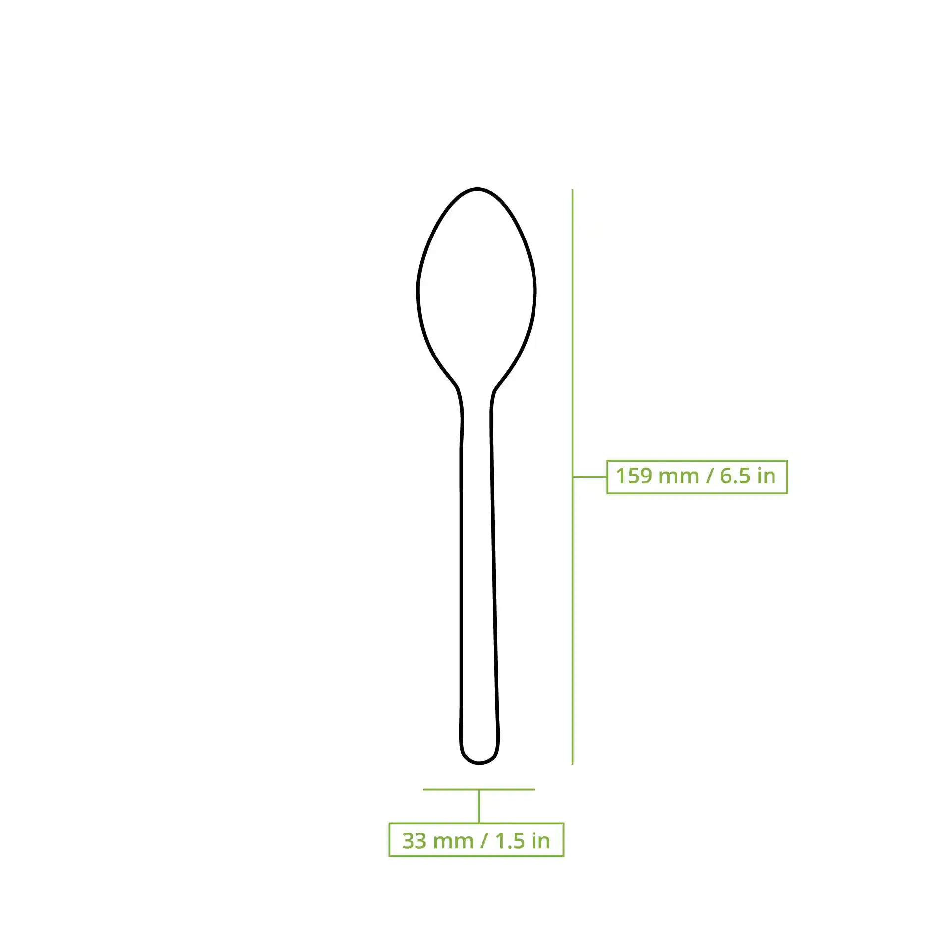 Schematische Zeichnung eines Holzlöffels mit Abmessungen, 159 mm lang und 33 mm breit.