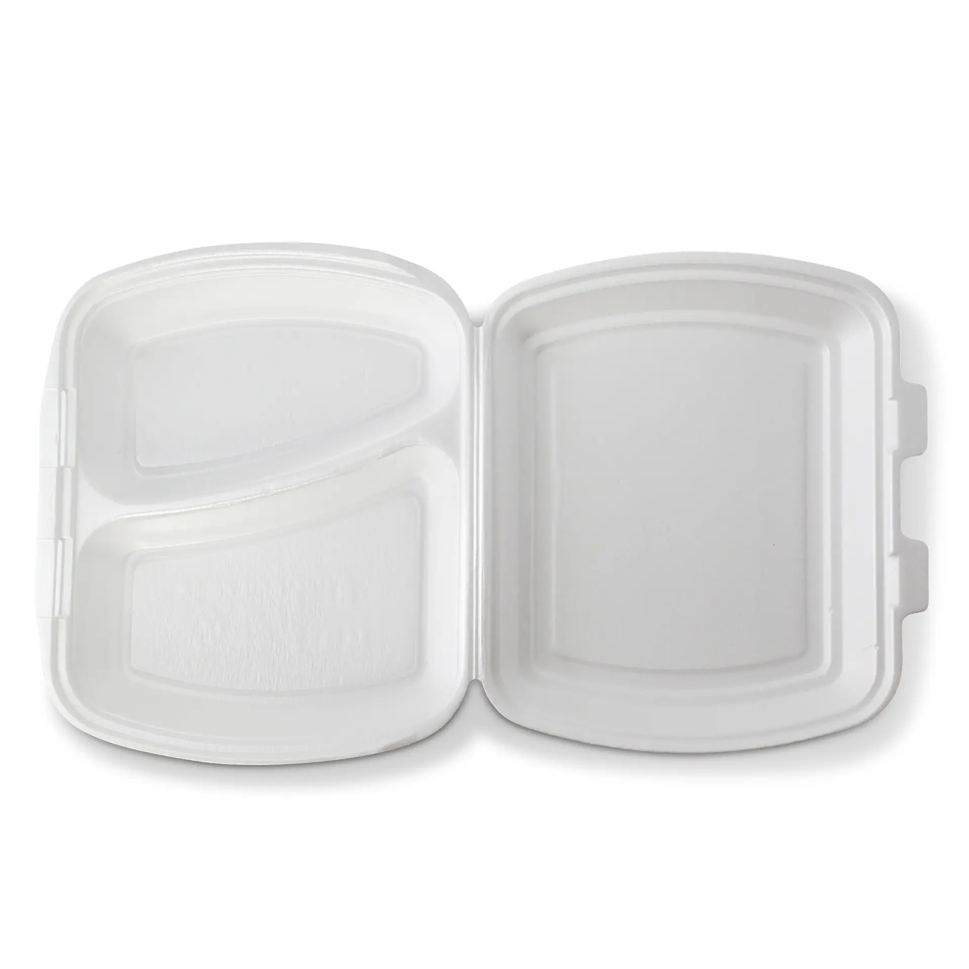 White food container with three compartments, including one large and two smaller sections, slightly open.