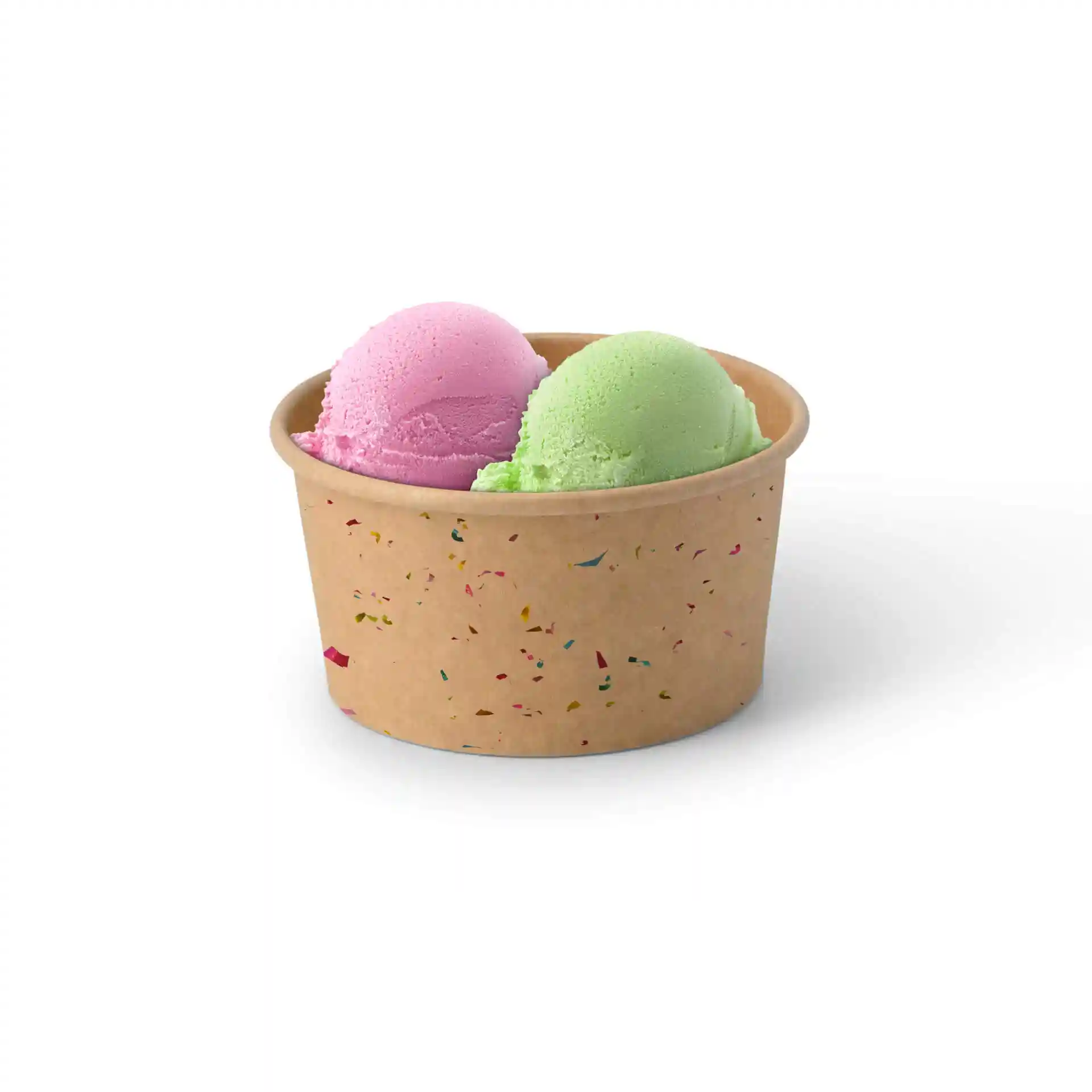 Runder brauner Pappbecher mit zwei Kugeln rosa und grüner Eiscreme.