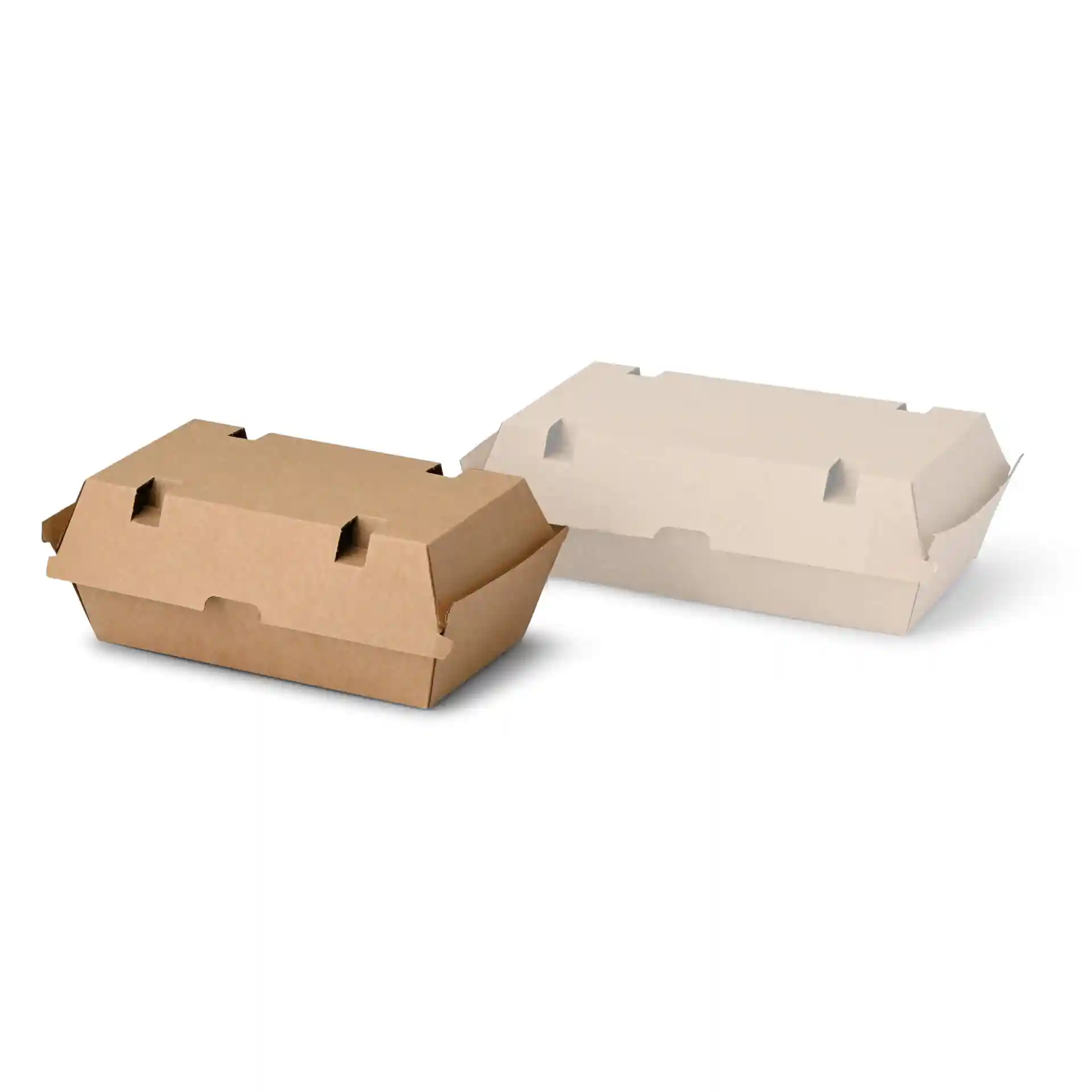Two rectangular food boxes with hinged lids, one brown and one white, made of cardboard.
