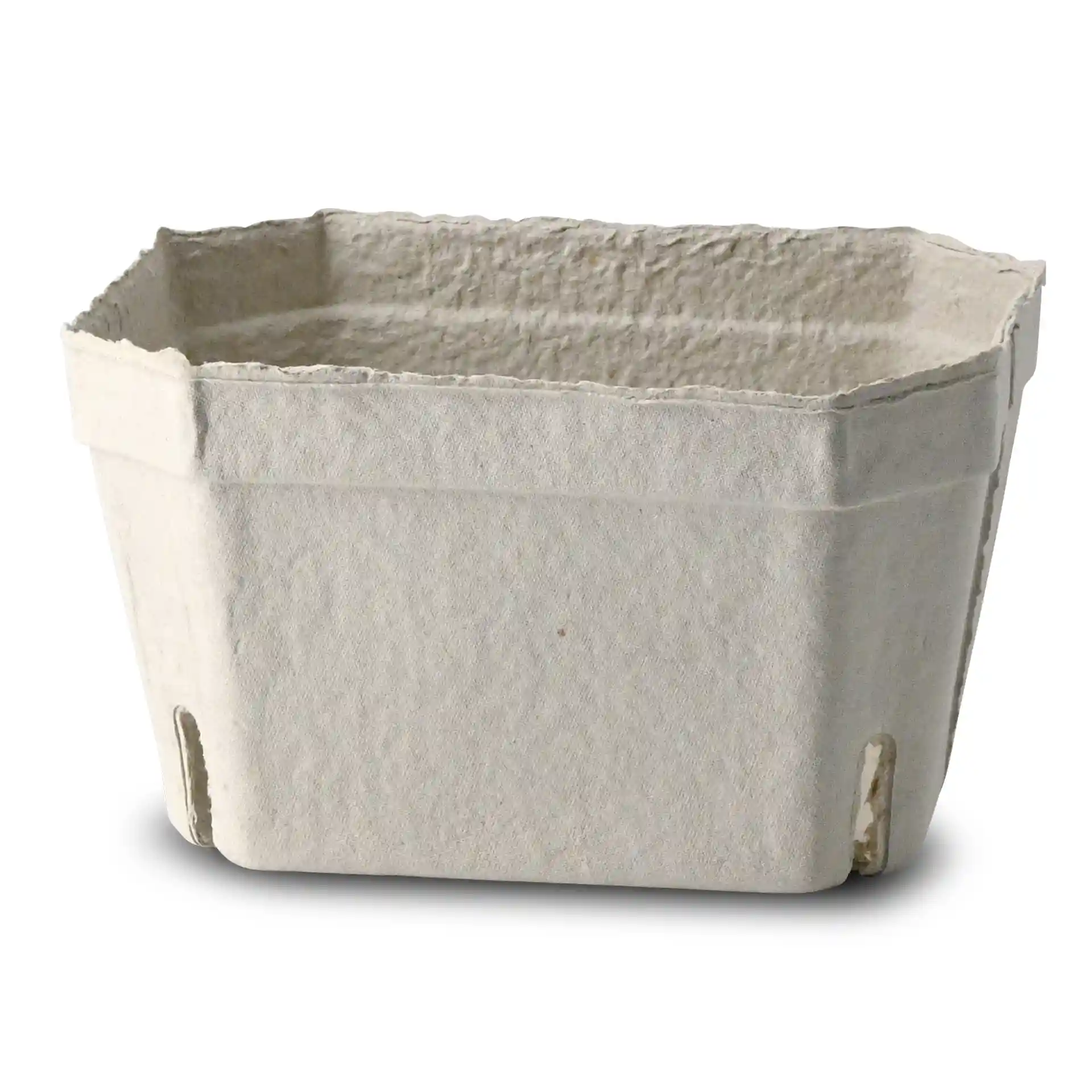 White wood pulp berry punnet with a rectangular shape and open top, measuring 180 mm in length, 142 mm in width, and 106 mm in height.