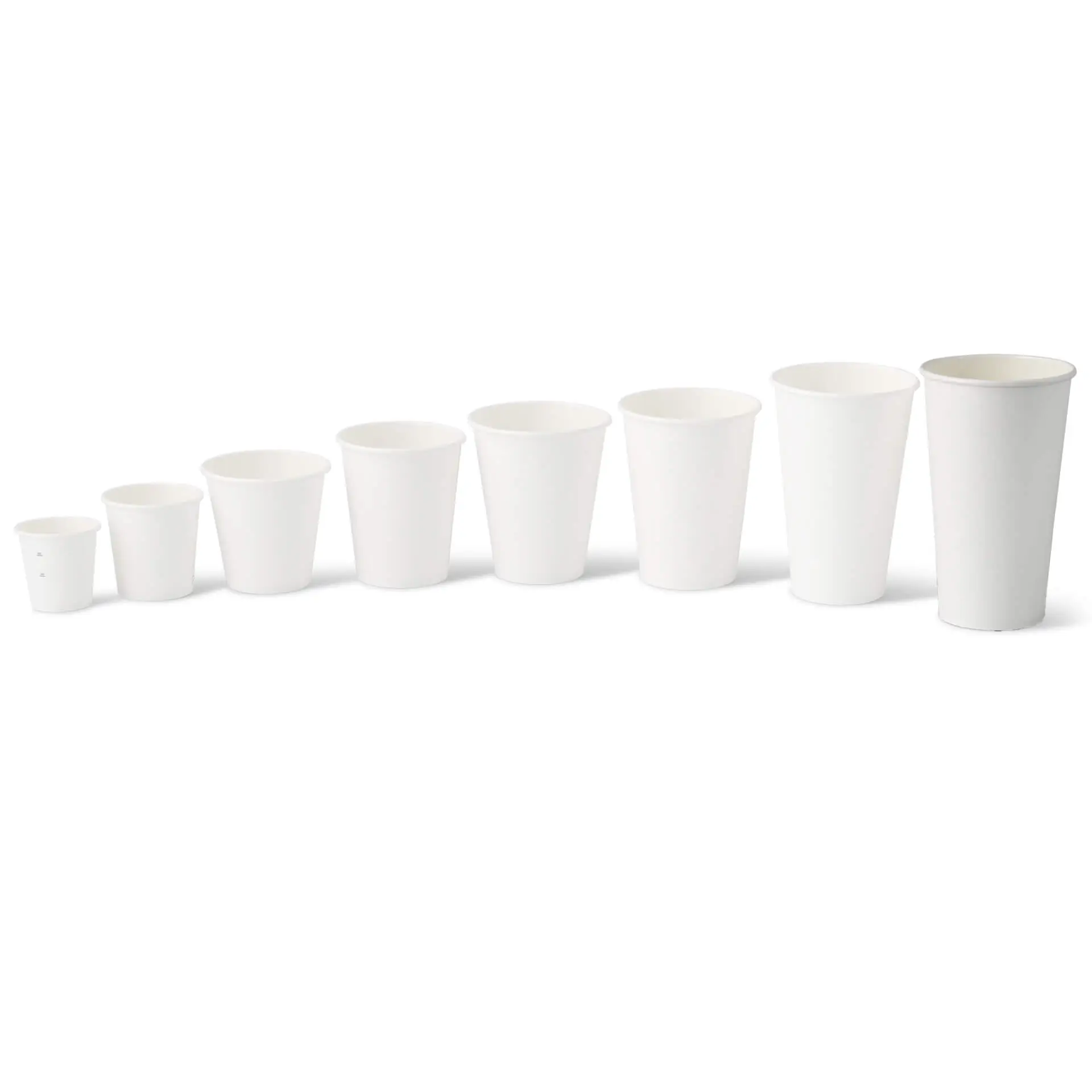 A series of eight white paper cups of varying sizes, designed for hot and cold drinks, with a PLA coating.
